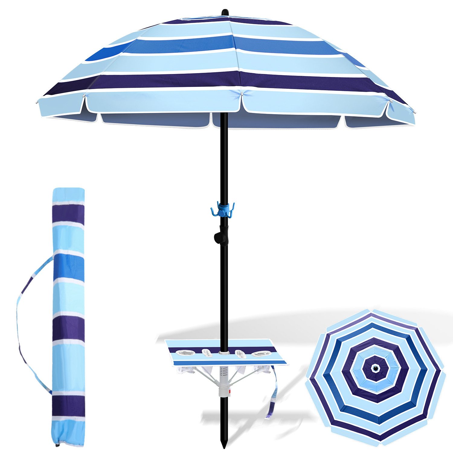 Sonnenschirm Gestreifter Strandschirm 210cm UV Schutz 50+ Höhenverstellbar Blau