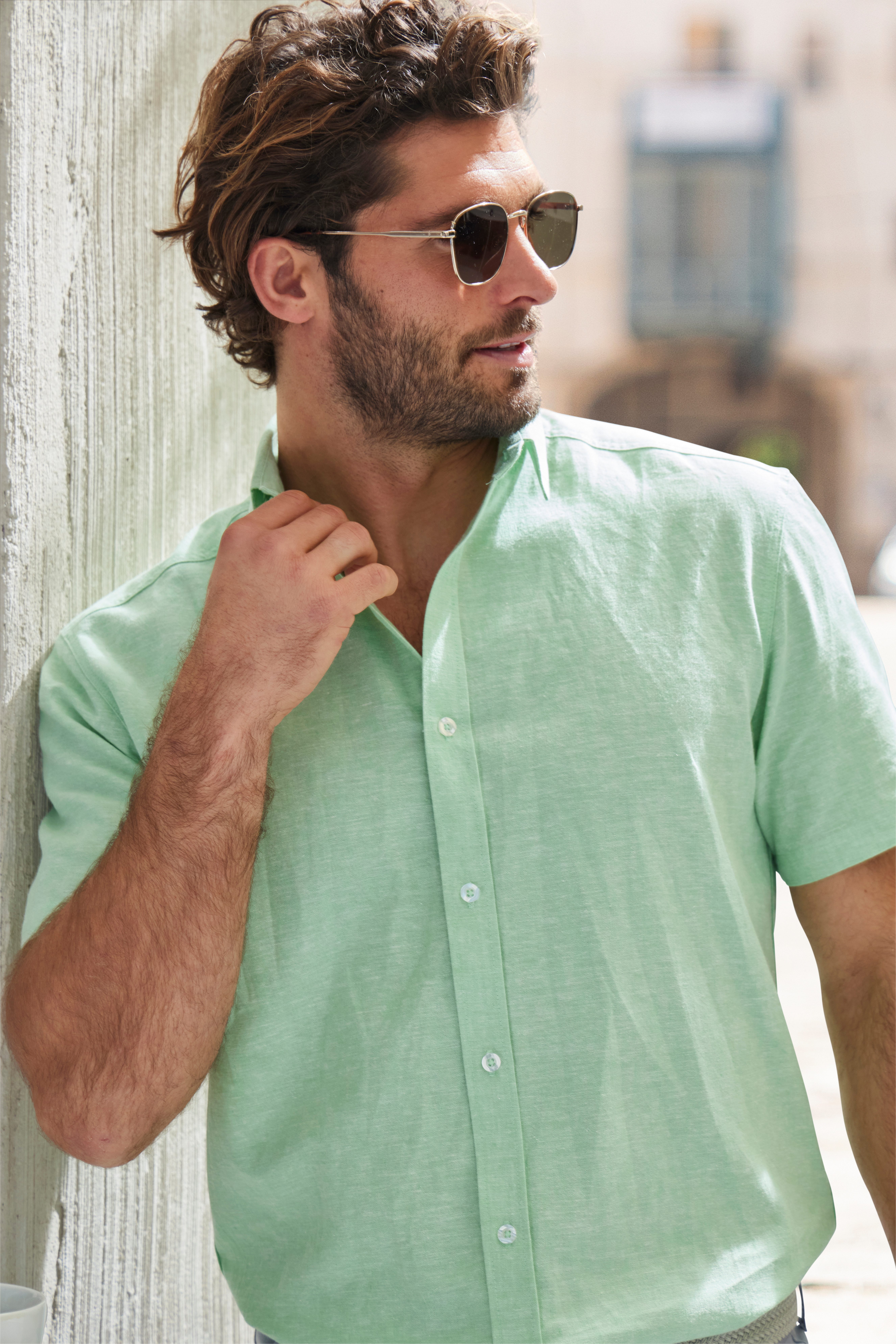 John Devin Kurzarmhemd Regular Fit, Leinenhemd mit Kentkragen aus Baumwoll-Leinen Mischung