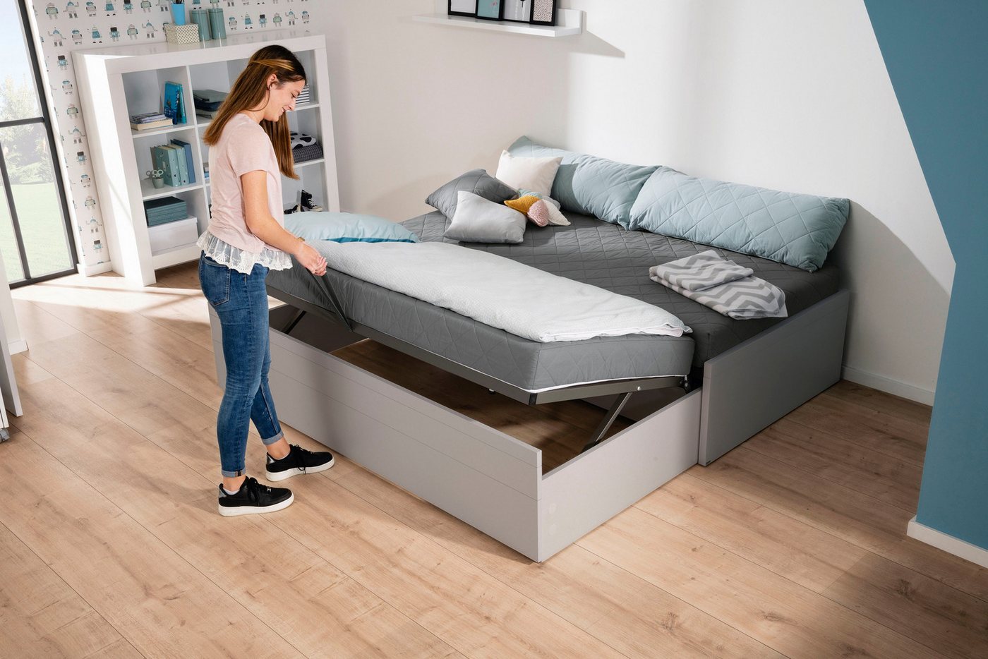PAIDI Jugendbett FLYNN in verschiedenen Ausführungen, Ausziehbett mit 2 Liegeflächen, Gästebett, Metallgestell inkl. Lattenroste, 2-in-1 Funktionsbett