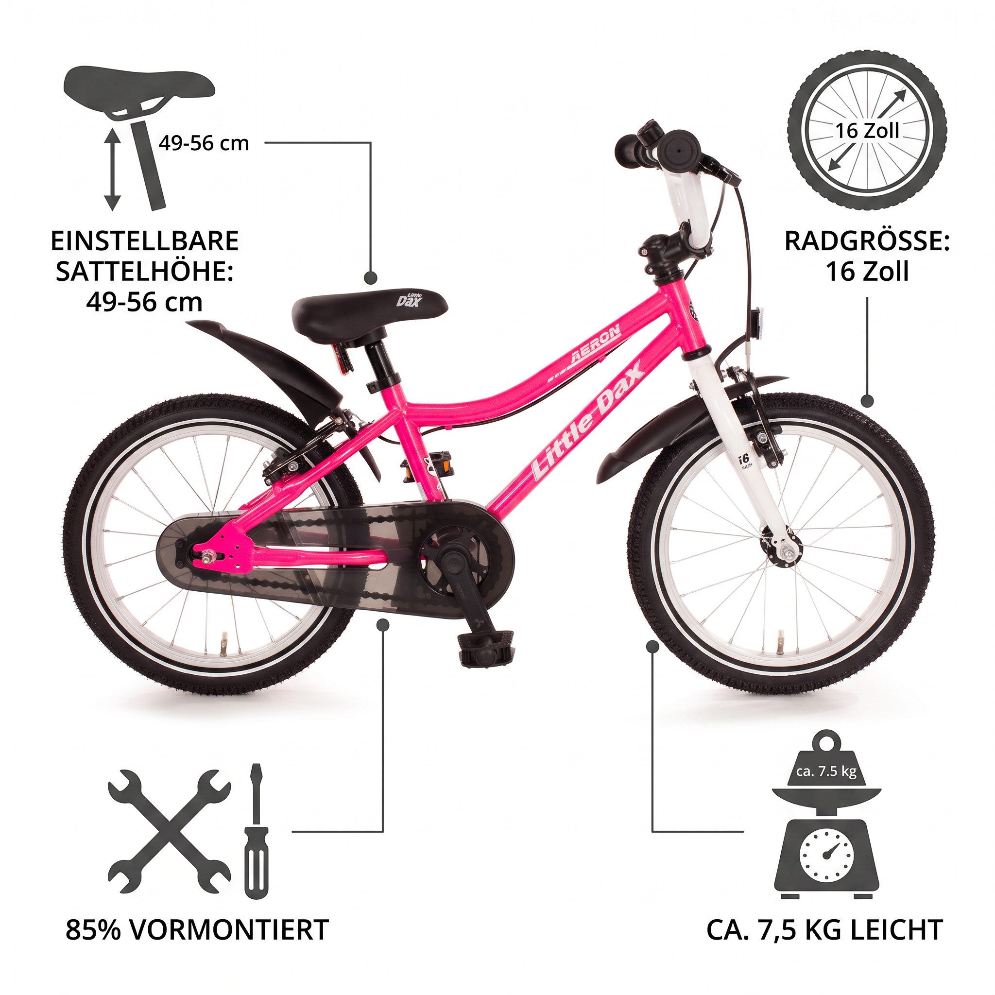 Bachtenkirch Kinderfahrrad 16 Zoll Fahrrad Pink Mädchen ab 3 Jahre, Schrittlänge: ab 46 cm, Sattelhöhe: 49–56 cm, Gewicht: 7,5 kg