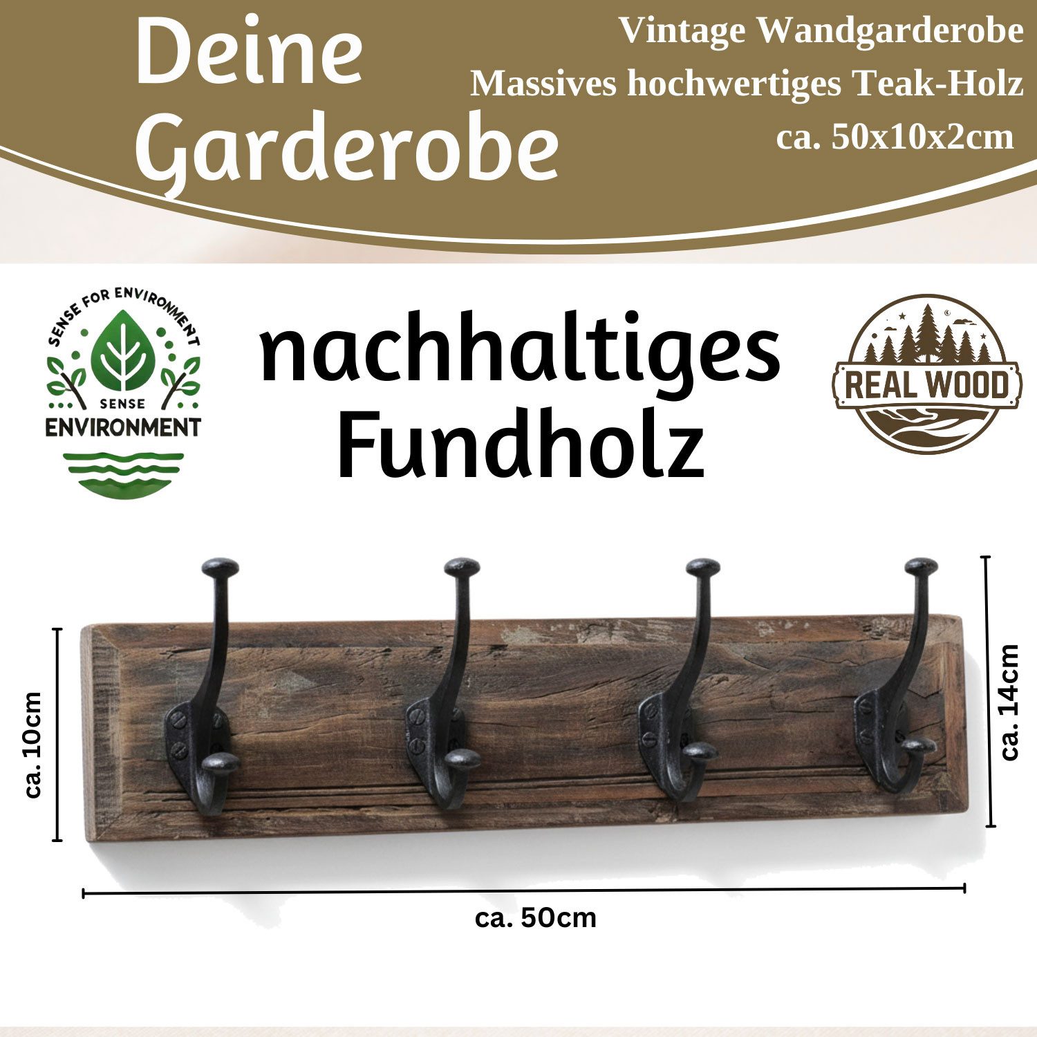 LS-LebenStil Wandgarderobe Vintage Teakholz Braun 50cm Garderobenleiste Garderobenhaken Garderobe (Nachhaltige Wandgarderobe 4 Haken 4-fach Doppelhaken -, Stabile Gusseisen Kleiderhaken Hakenleiste Mäntel Jacken), Serie Delhi, indisches Fundholz