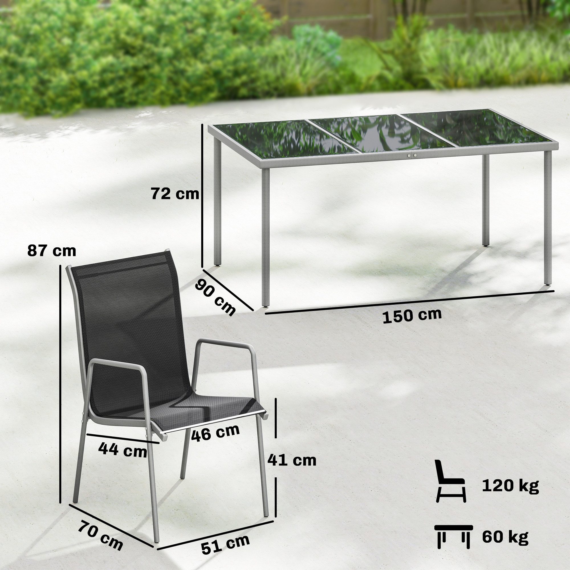 Outsunny Garten-Essgruppe mit 6 Atmungsaktiven Stühlen, Sicherheitsglas Tischplatte, (Gartenset, 7-tlg., Gartenmöbel Set), für Garten Balkon Terrasse Schwarz