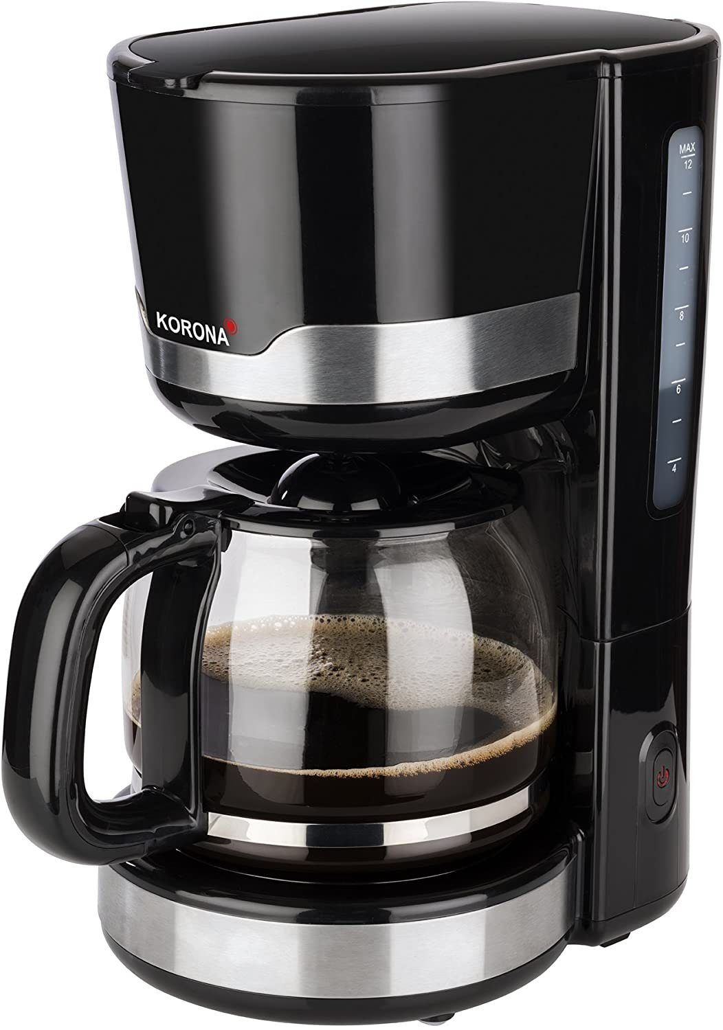 KORONA Filterkaffeemaschine, 1.5l Kaffeekanne, Permanentfilter 1x4, Kaffeeautomat mit Glaskanne, 1,5 Liter Kapazität, für 12 Tassen, 1000 Watt, Anti-Tropf-Funktion, Abschaltautomatik, Farbe: Schwarz / Edelstahl