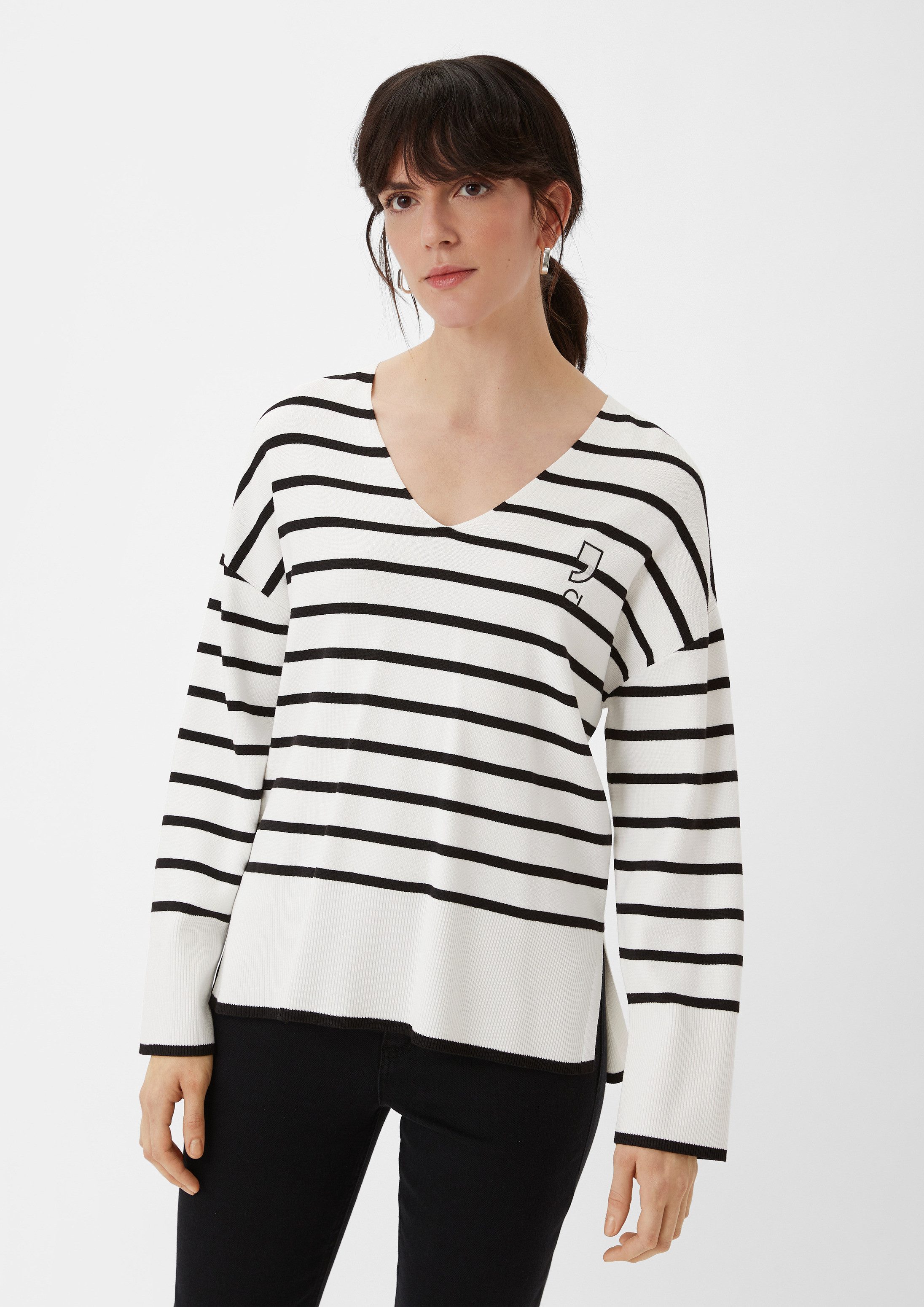 comma Longpullover Strickpullover Gestreifter Feinstrickpullover