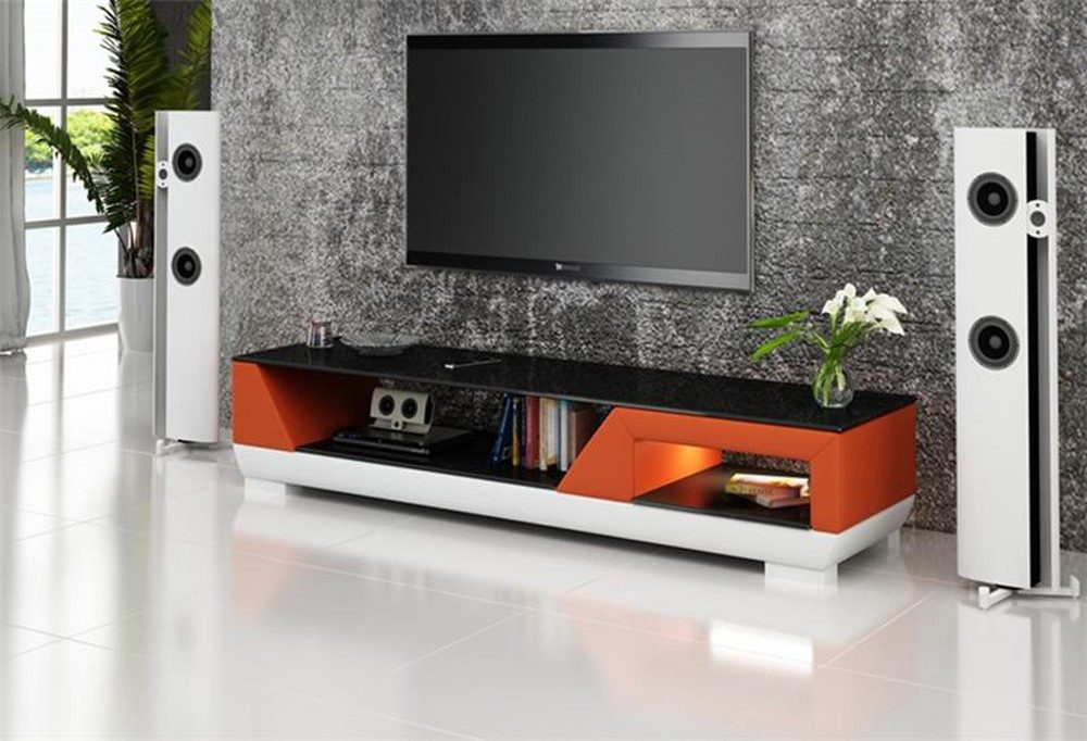 JVmoebel Lowboard Moderne Kommode Low Board Schrank Меблі Orange mit Glas und Leder (Lowboard), Made in Europa