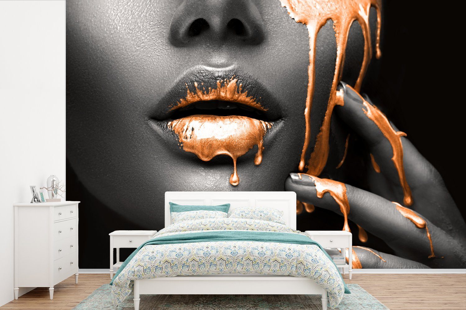 MuchoWow Fototapete Lippen - Orange - Schwarz, Matt, bedruckt, (6 St), Wallpaper für Wohnzimmer, Schlafzimmer, Kinderzimmer, Vinyl Tapete | Fototapeten