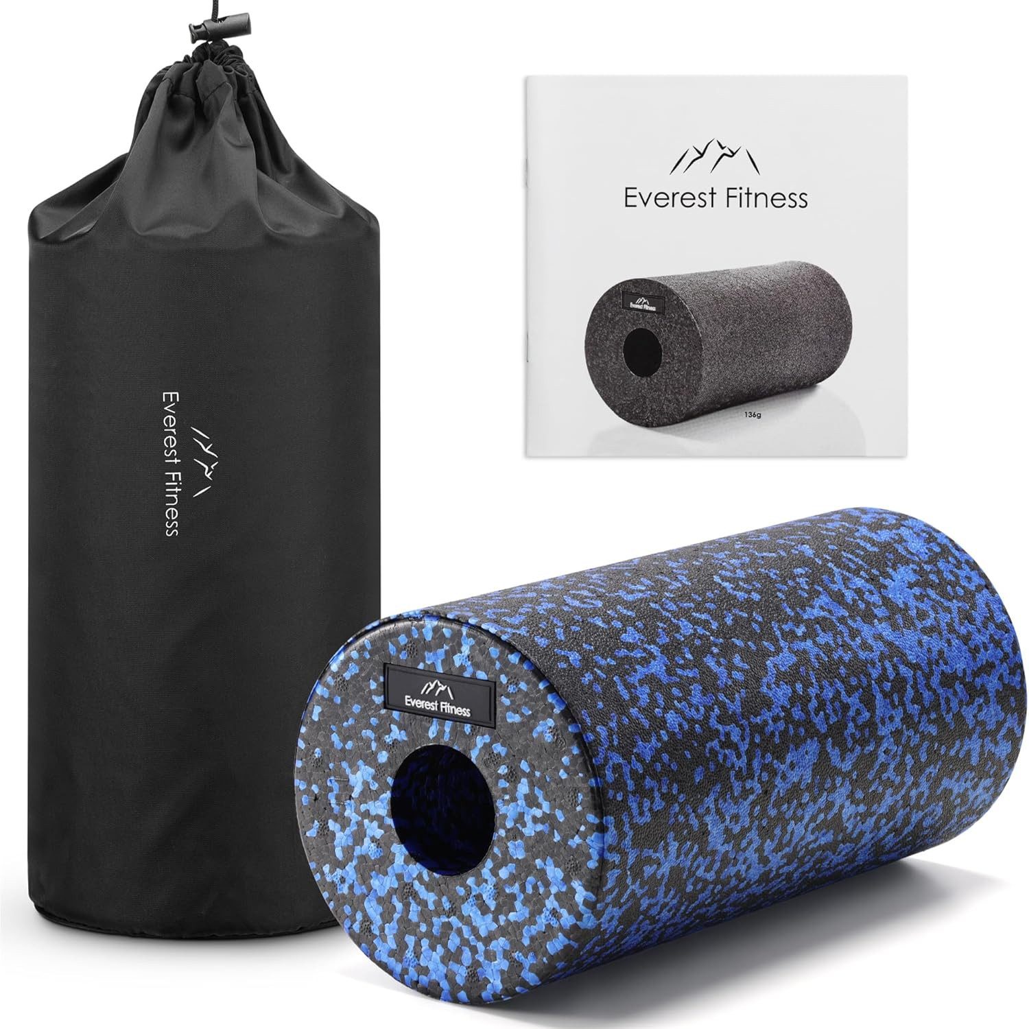 EVEREST FITNESS Massageroller Faszienrolle 30 cm mittel-hart, Schwarz/Blau, inkl. Booklet
