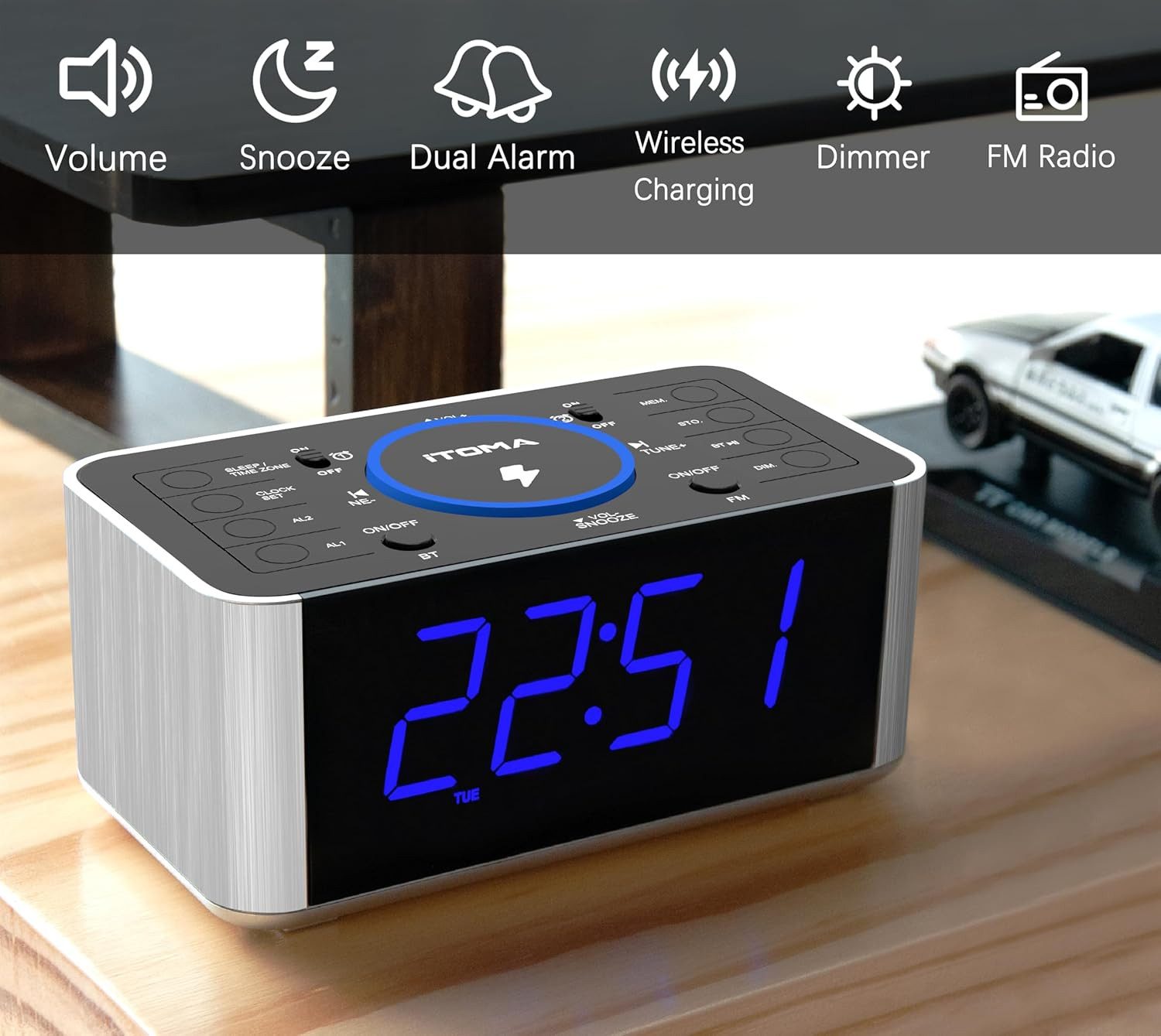 iTOMA Radiowecker Kabelloses Laden, USB-Port, Bluetooth, FM-Radio, Dimmer-Display