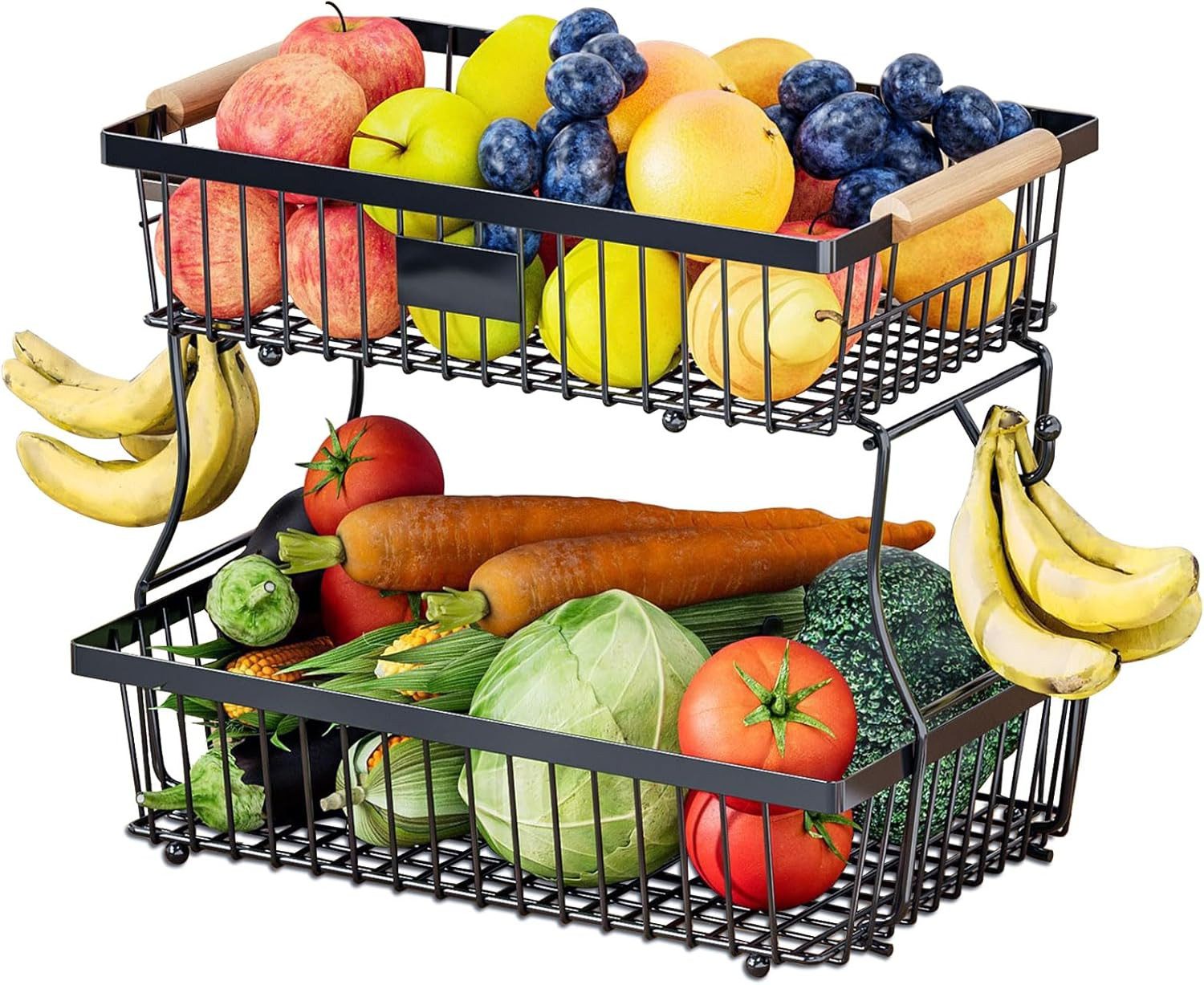 SURFOU Obstschale 2-stöckiger Obstkorb mit haken abnehmbar Metall Organizer Obst Etagere, Kohlenstoffstahl, (mit Holzgriff und 2 Bananenhängern, für Obst, Gemüse, Brot, Snacks,Kosmetik, Toilettenartikel und mehr, für Küchenarbeitsplatte, Wohnzimmer, und B