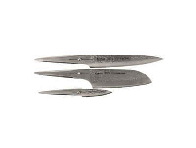 CHROMA Messer-Set »Type 301 Messer-Set mit drei Messern Hammerschlag« (3-teilig, 3-tlg., 1 Tranchiermesser, 1 Santoku, 1 Schälmesser)