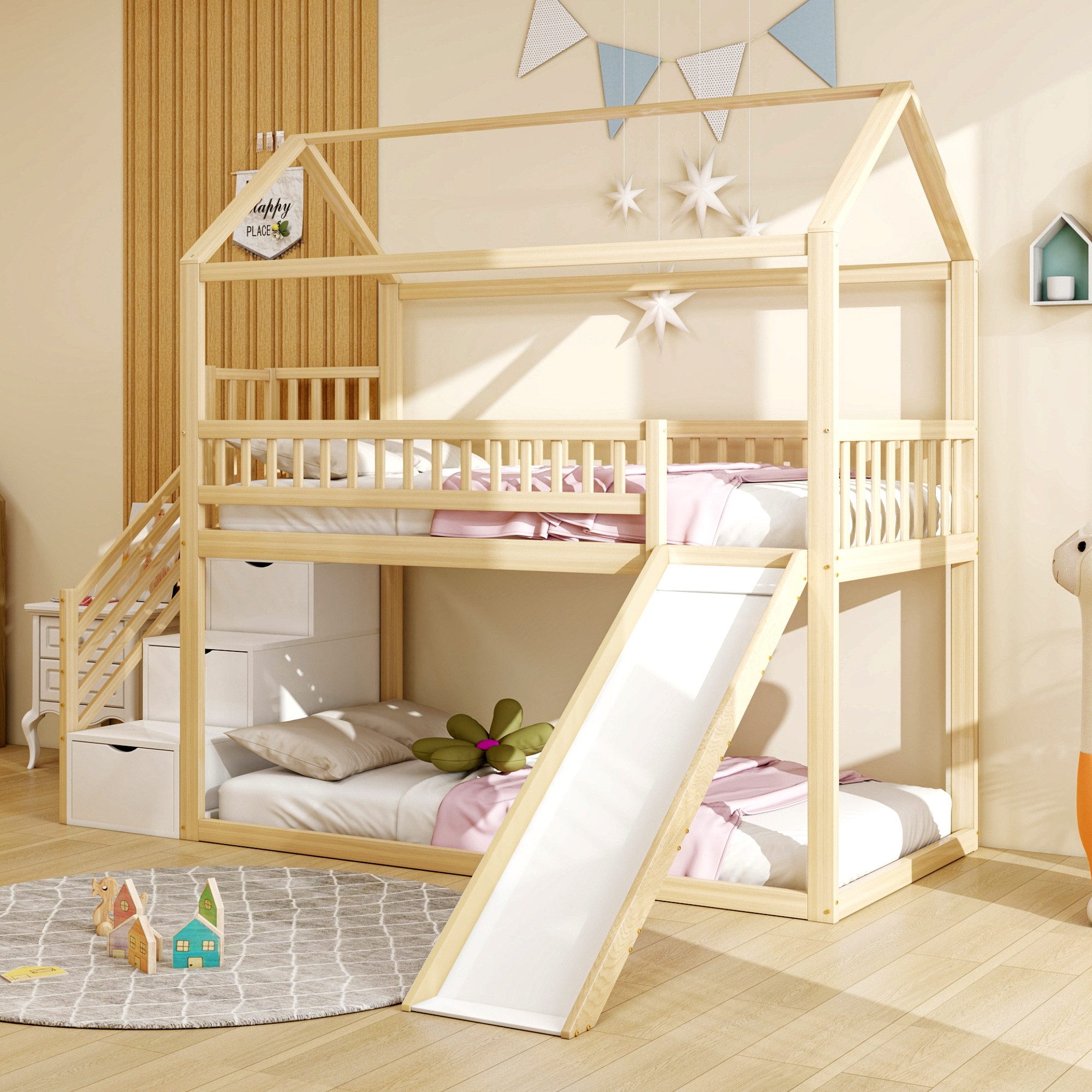Flieks Hochbett Etagenbett 90x200cm mit oberem Lattenrost, Rutsche und Stauraumtreppe
