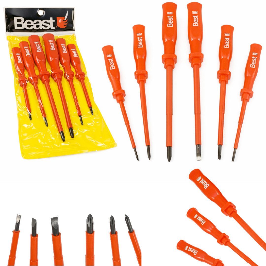 Beast Schraubendreher Schraubenzieher Set 6tlg Isoliert Magnetisch Kreuz Schlitz, (6 St), 1000 V isoliert, magnetische Spitzen, 6-teilig