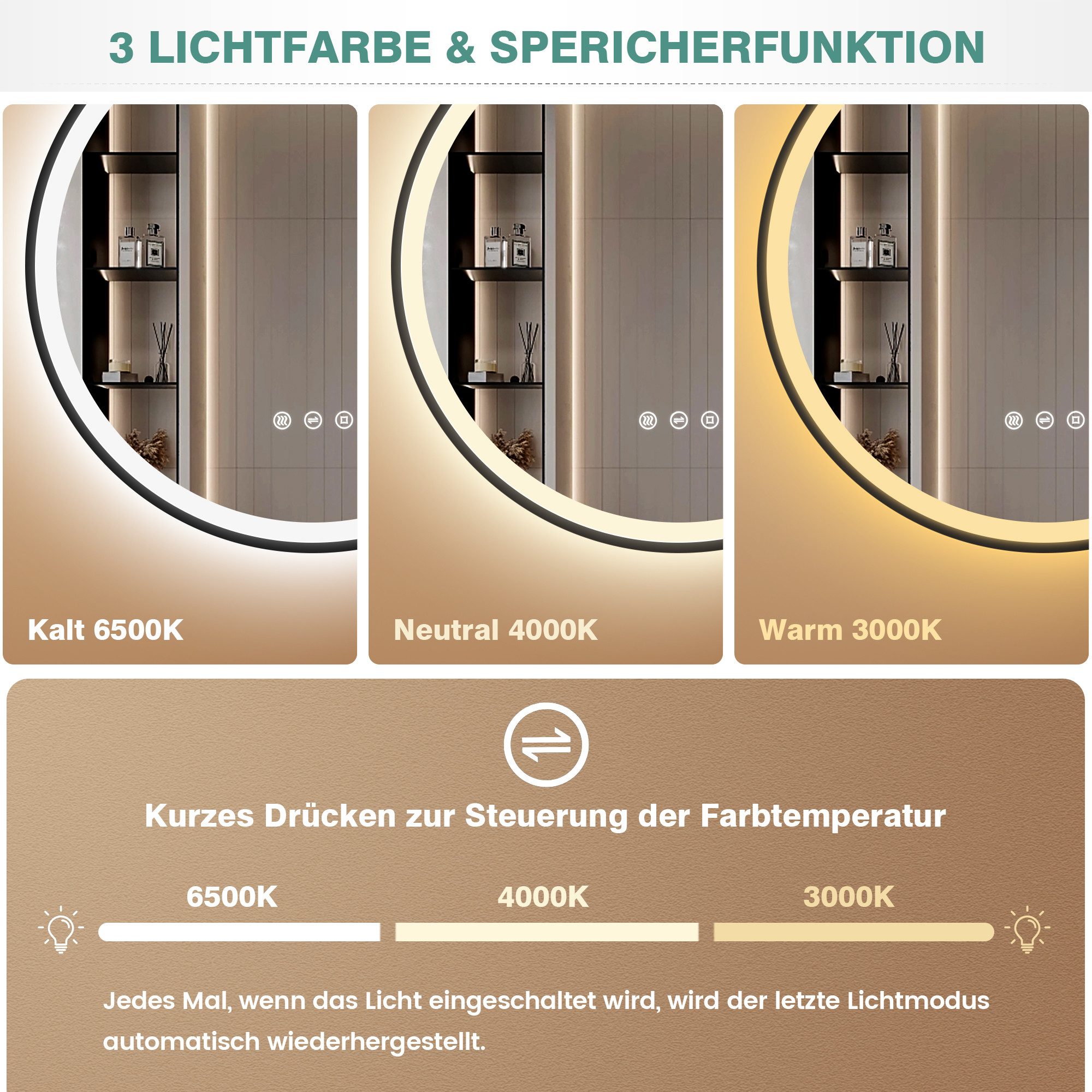 PESENXAN Badspiegel Runder LED Spiegel mit Beleuchtung, LED Badezimmerspiegel, Dimmbar (1-St), Antibeschlag, 3 Lichtfarben, Touch-Schalter, Speicherfunktion