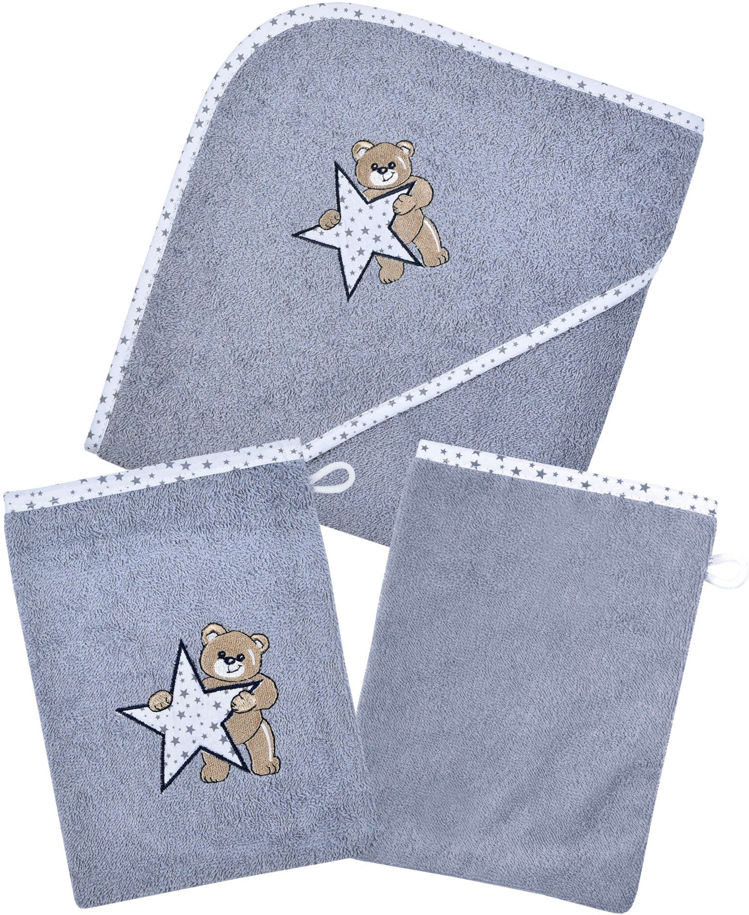 Wörner Handtuch Set Teddy/Stern Kapuzenbadetuch mit 2 Waschhandschuhen, Frottier, (Spar-Set, 3-tlg), mit süßer Teddystickerei