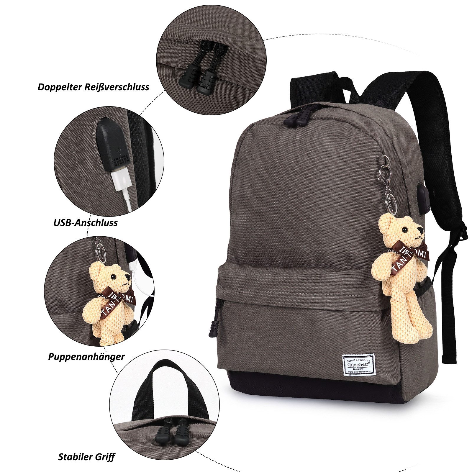 TAN.TOMI Schulrucksack Schulrucksäcke Schule Mädchen Laptop-Rucksack Laptop Fach (Sportrucksack Mit USB-Anschluss Anti-Diebstahl), Rucksäcke Schulrucksack Reiserucksack Arbeitsrucksack