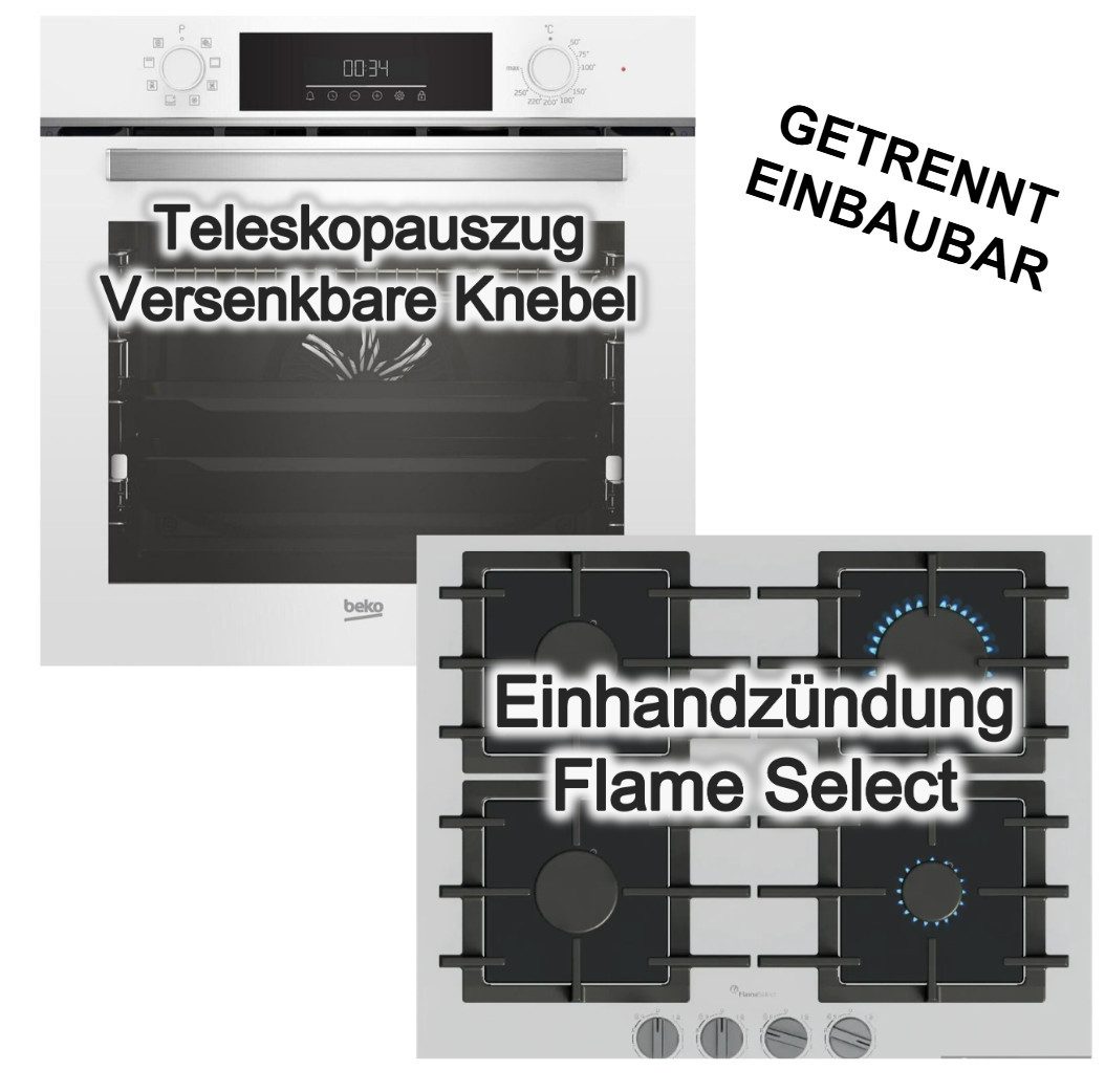 BEKO Backofen-Set Backofen Teleskopauszug SteamShine weiß+Bosch Gaskochfeld FlameSelect, mit 1-fach Teilauszug, Steam Clean