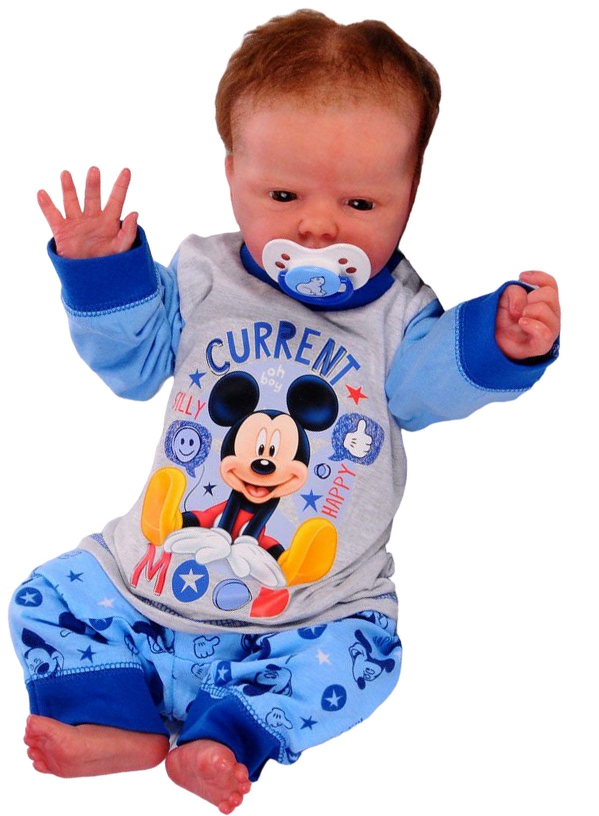 Pyjama Baby Schlafanzug Hose und Langarmshirt in Blau mit Maus aus Baumwolle, 68 74 80 86 92 98 104