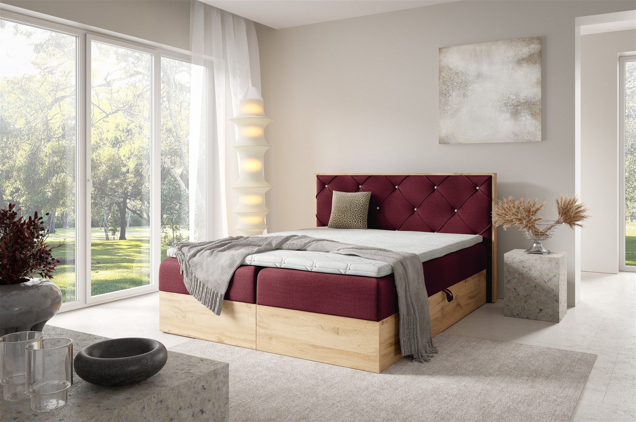 Fun Möbel Boxbett Bett Schlafzimmerbett HELIOS PREMIUM in Stoff Rouge (mit Taschenfederkernmatratze, mit Bettkästen), Strasssteine im Kopfteil