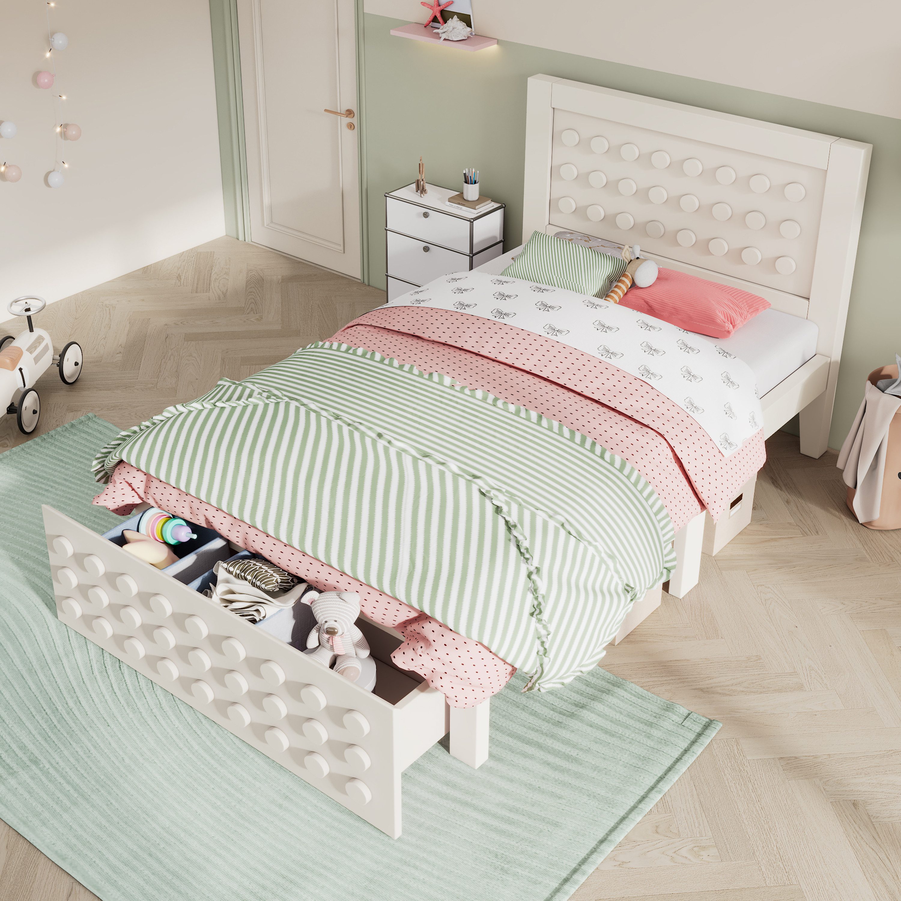 Flieks Kinderbett, Holzbett Einzelbett 90x200cm Bausteine-Form günstig online kaufen
