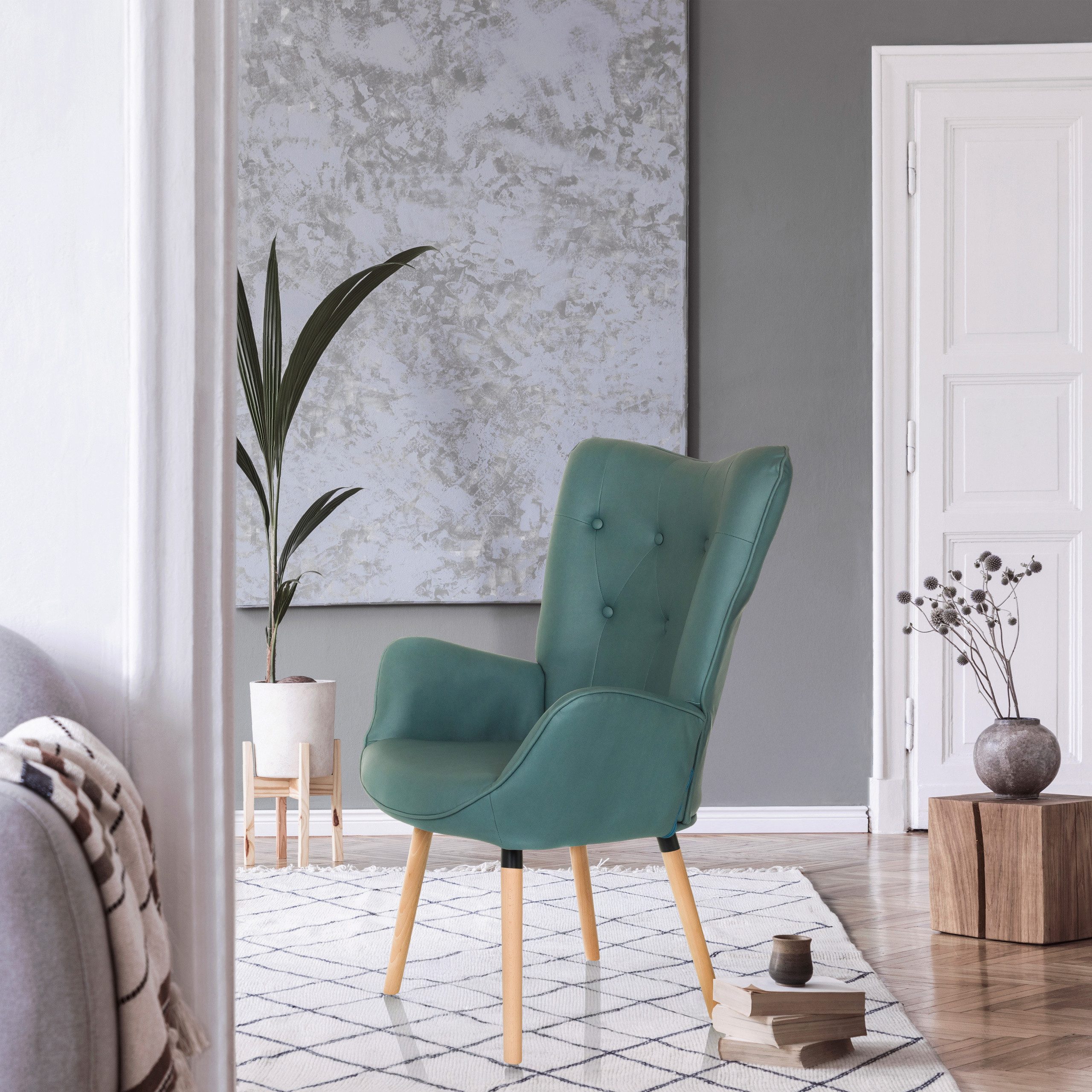 hjh LIVING Loungesessel Polstersessel HAVENIO I Stoff, Bequemer Relaxsessel, Ohrensessel in Velouroptik, Holzbeine aus Buche