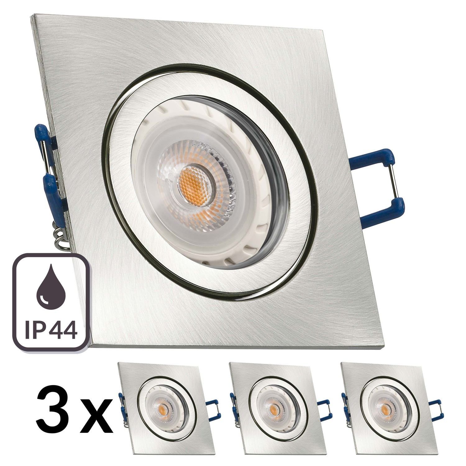 LEDANDO LED Silber mit gebürstet 3er Markenst LED GU10 Set Einbaustrahler LED IP44 Einbaustrahler
