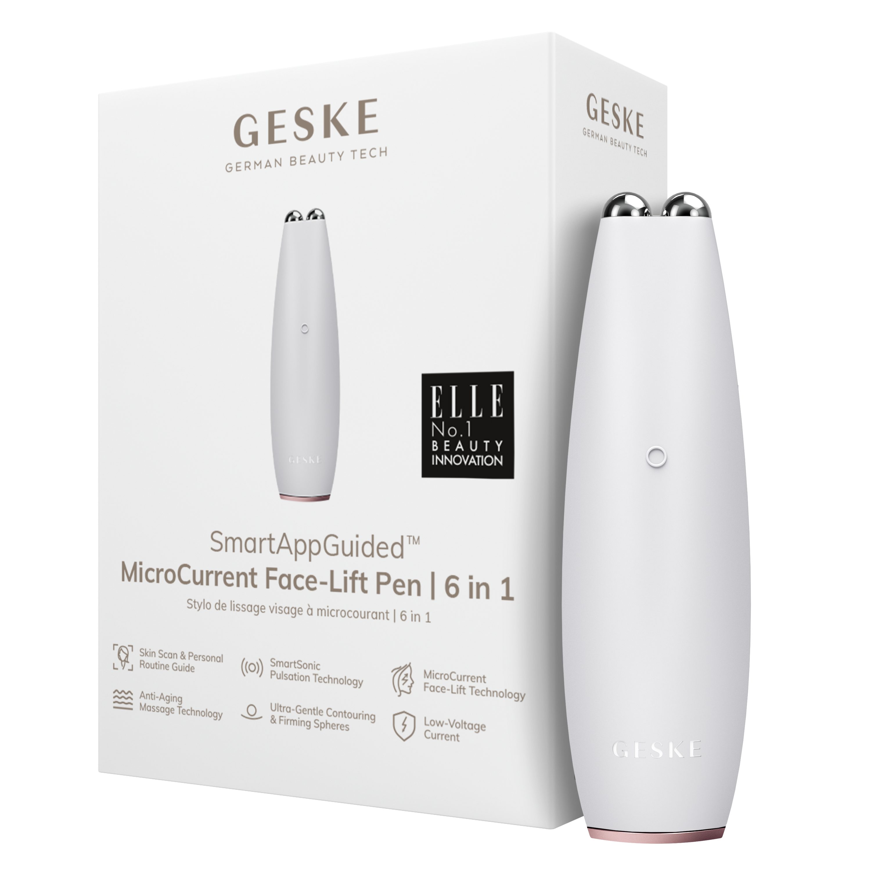 GESKE German Beauty Tech Enhancer SmartAppGuided™ MicroCurrent Face-Lift Pen 6 in 1, Packung (Gerät & USB-Ladekabel), 2-tlg., Gerät inkl. kostenloser APP (SmartAppGuided Device), Mit der GESKE App erhältst Du deine personalisierte Hautpflegeroutine. Starlight
