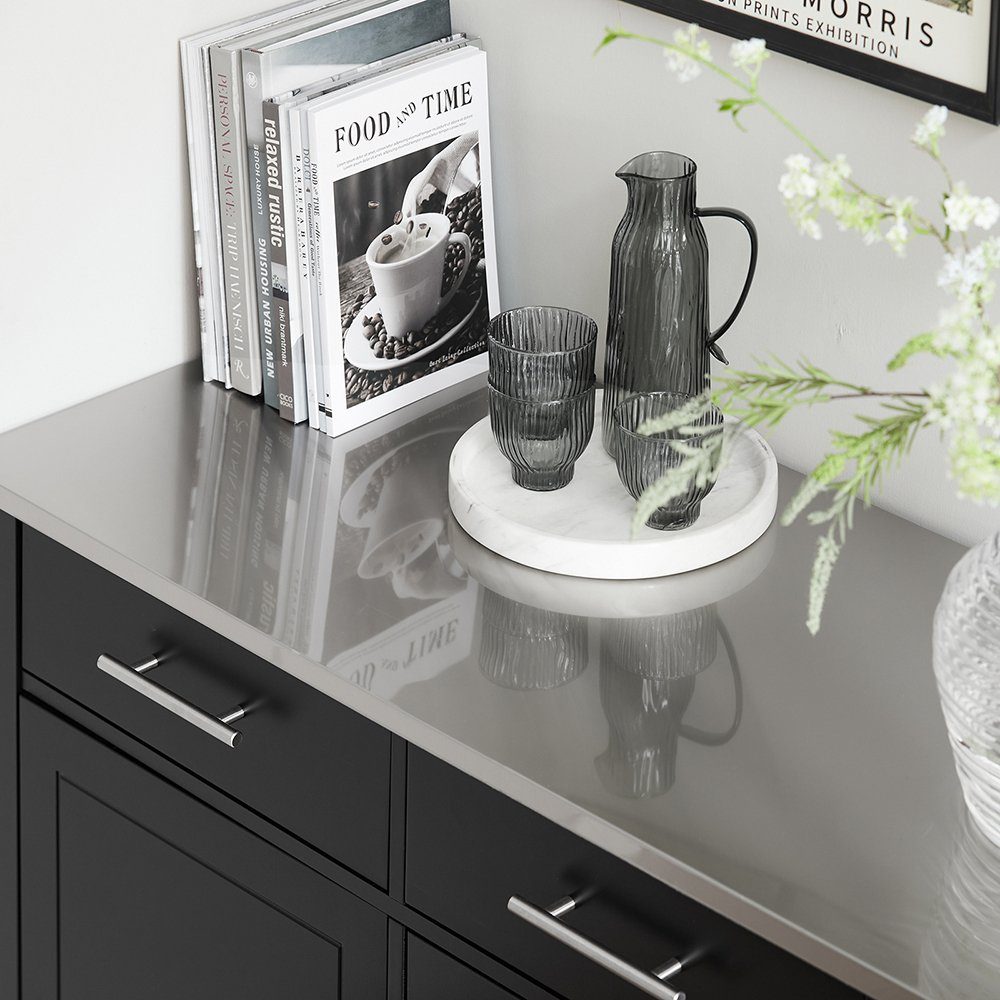 Küchenwagen Seitenregal FKW108, schwarz mit SoBuy Küchenschrank mit Edelstahlplatte Kücheninsel