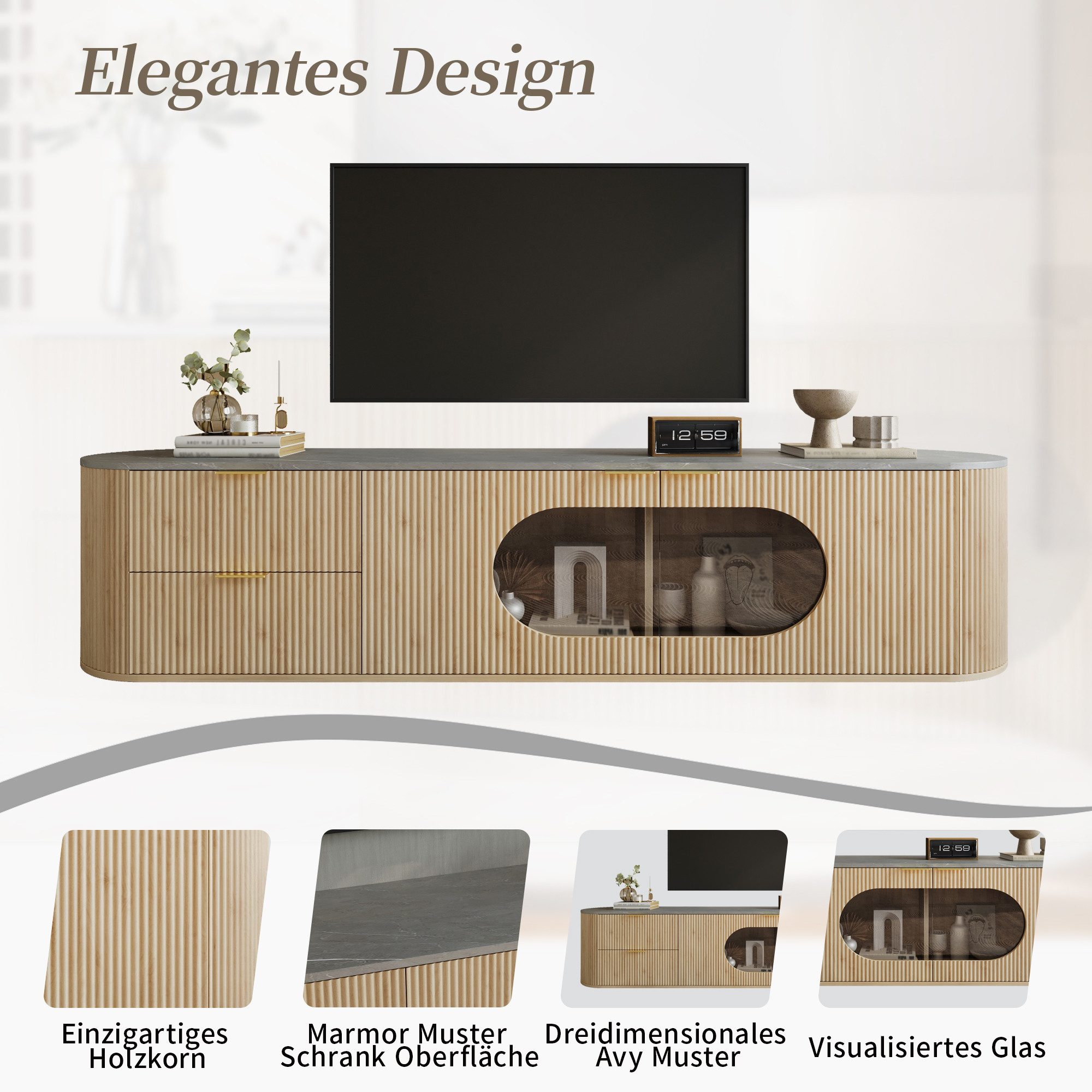 Odikalo Lowboard TV-Schrank mit Schubladen vertikalen 3D-Streifen, Holzoptik (Schranktüren mit vertikalen 3D-Streifen, Ovaler Vitrinenschrank aus grauem Glas, M – Bild 5 von 5