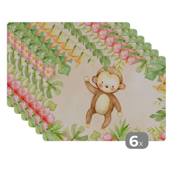 Platzset Affe - Blumen - Aquarell MuchoWow (6-St) Platzset Platzdecken Platzmatte Tischmatten Schmutzabweisend