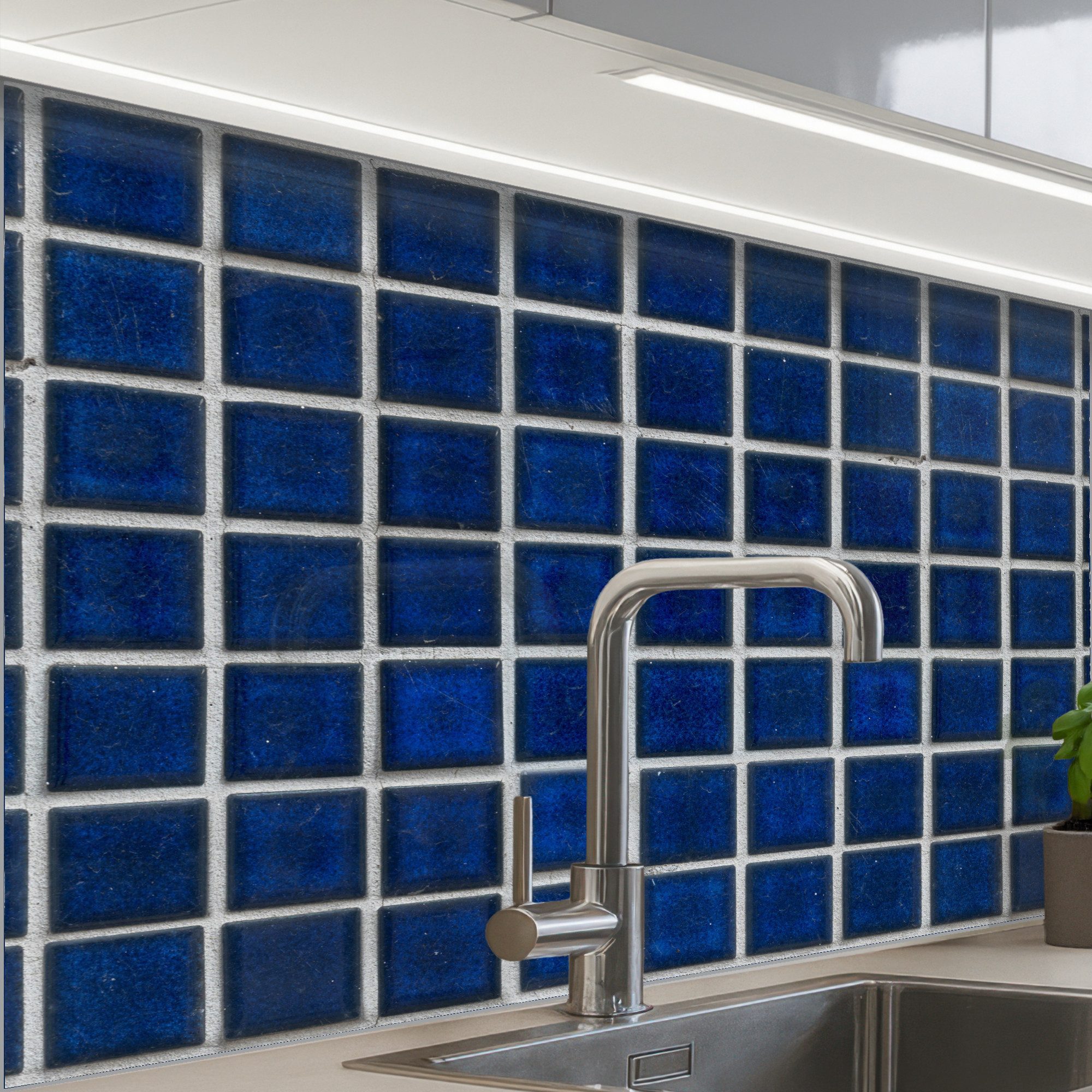 KitchenYeah Küchenrückwand selbstklebend (keine Folie) Mosaik - Kacheln - Glänzend - Blau, (1-tlg), Spritzschutz, Küche, Rückwand, Küchenwand, Küchenfront, 80x60 cm