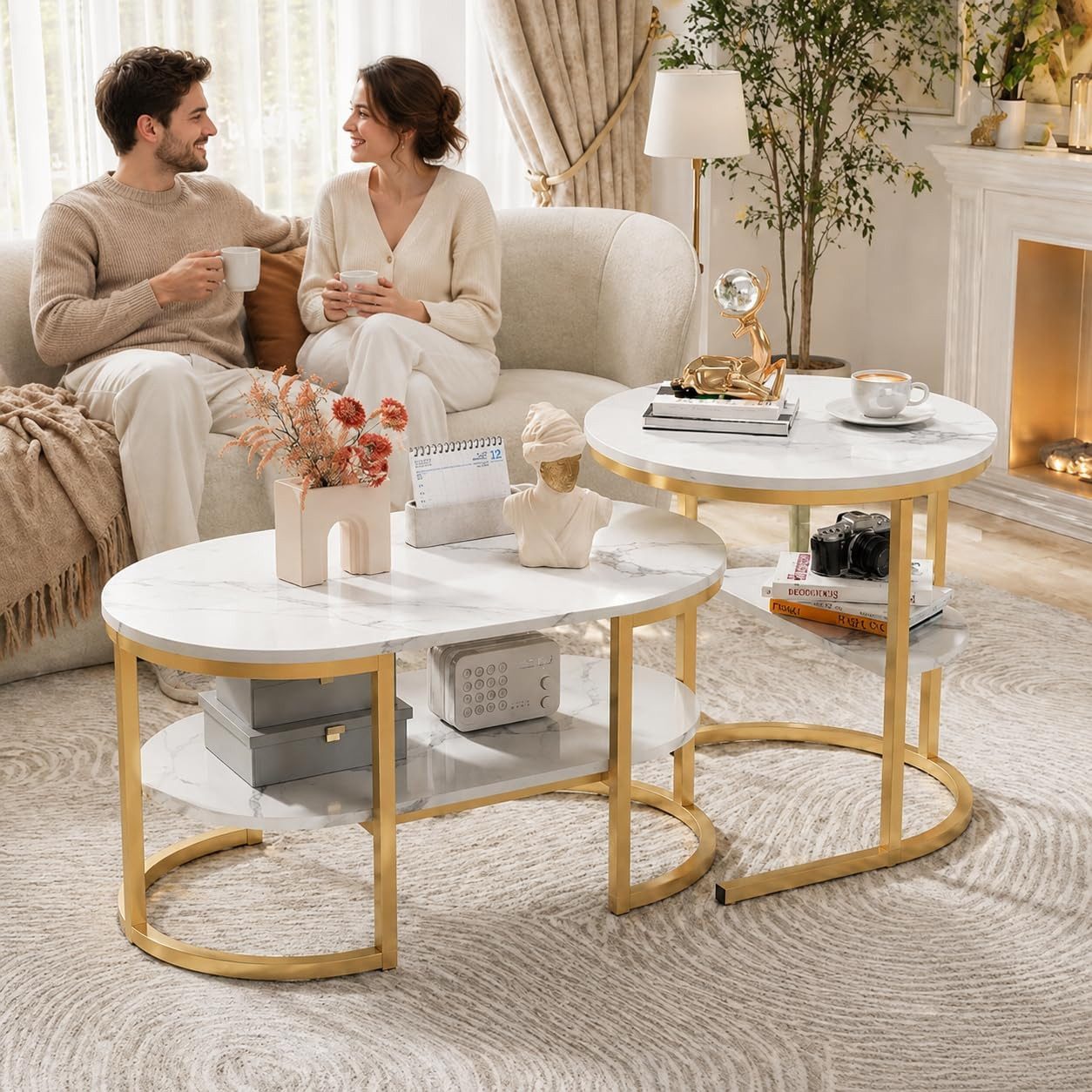 Simurq Couchtisch 2‑er Set ovale Satztische, Marmor‑Optik mit Stauraum
