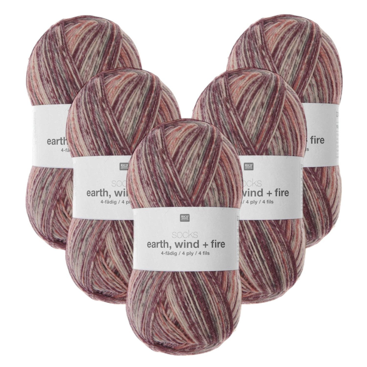 Rico Design 5 x Rico Socks Earth Wind + Fire 4-fädig Häkelwolle, 400 m