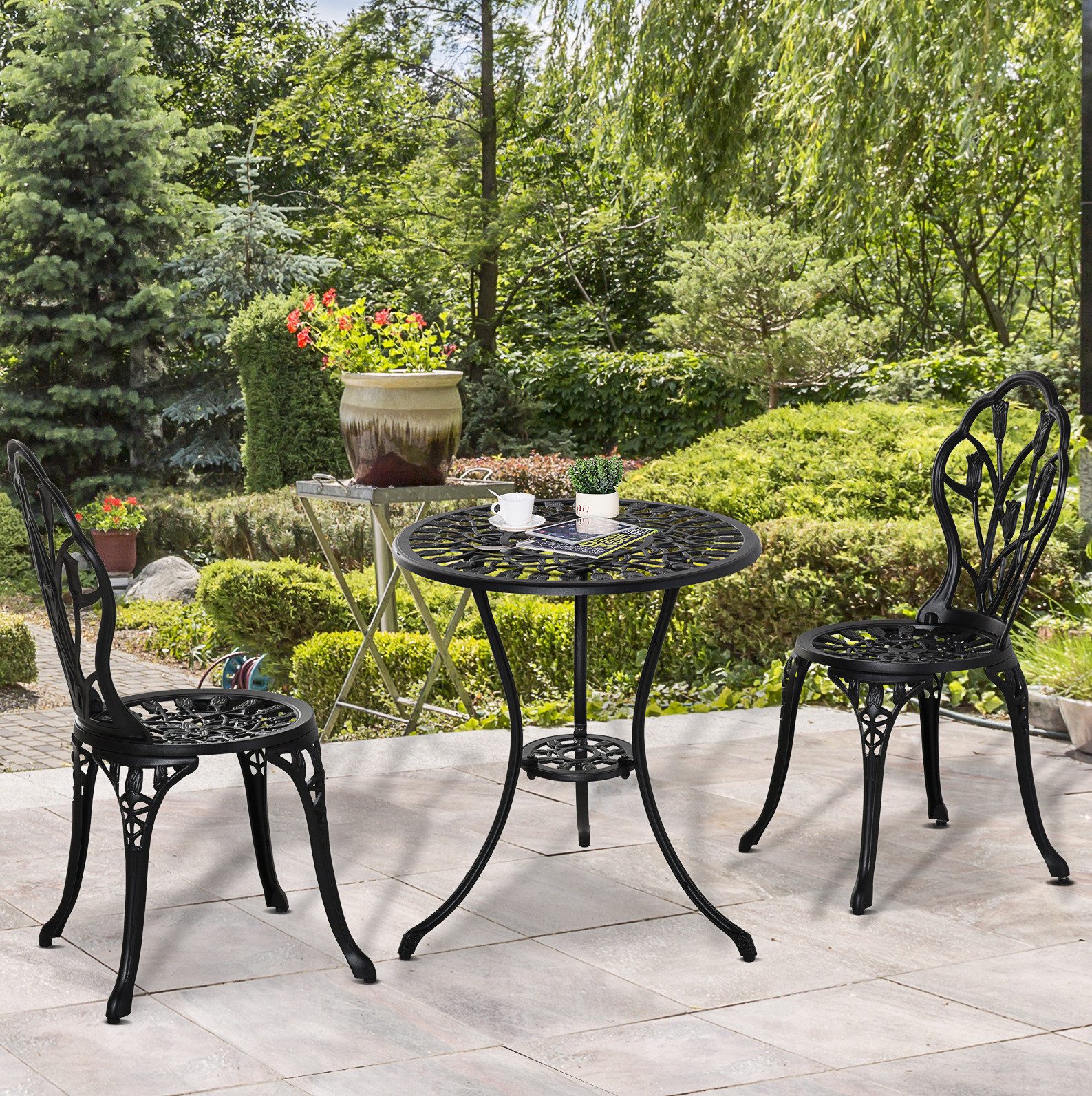 MODFU Sitzgruppe Essgruppe 3-tlg. für 2 Personen mit stabilem Aluminiumgestell, (Set, 3-tlg., Gartenmöbel-Set in Schwarz, wetterbeständig und funktional), Ø60x67 cm Tisch und 2 Stühle für Balkon, Terrasse oder Garten
