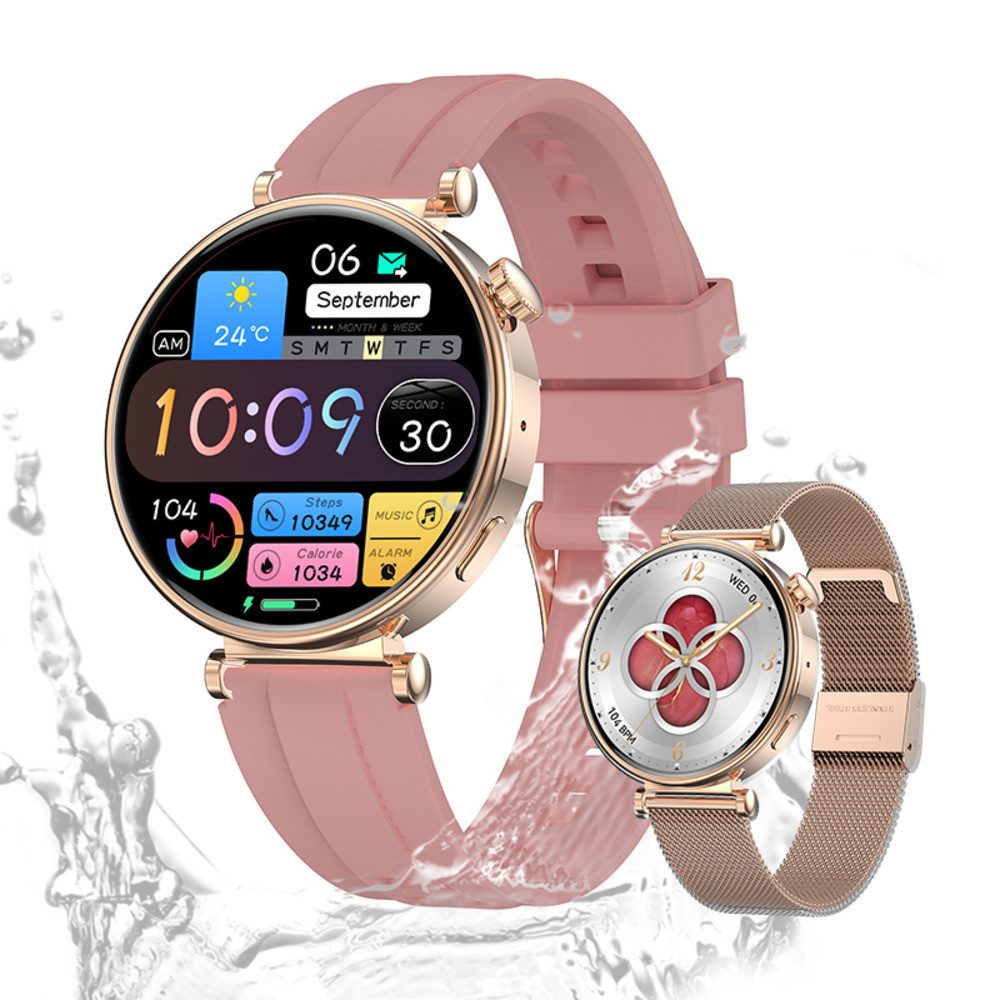 Zevelora Damen's IP68 Wasserdicht Telefonfunktion Fitness-Tracker Elegant Smartwatch (3,3 cm/1,32 Zoll, Android/iOS) mit AMOLED HD-Touchscreen, - 260 mAh mit SPO2, Herzfrequenz, Schrittzähler & Stressüberwachung