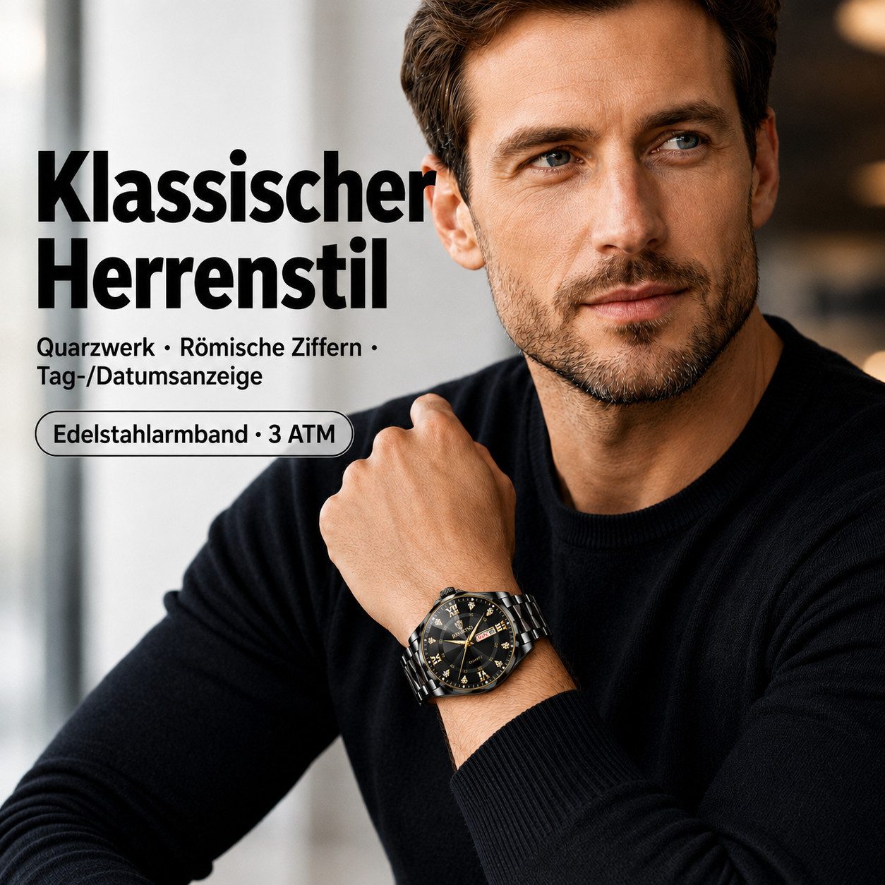 ibettertec Quarzuhr Herrenuhr Edelstahl, Multifunktionsuhr Herren mit Wochentags, (und Datumsanzeige, römischen Ziffern), Leuchtfunktion, 3 ATM, schwarzem Edelstahlarmband, Geschenkbox