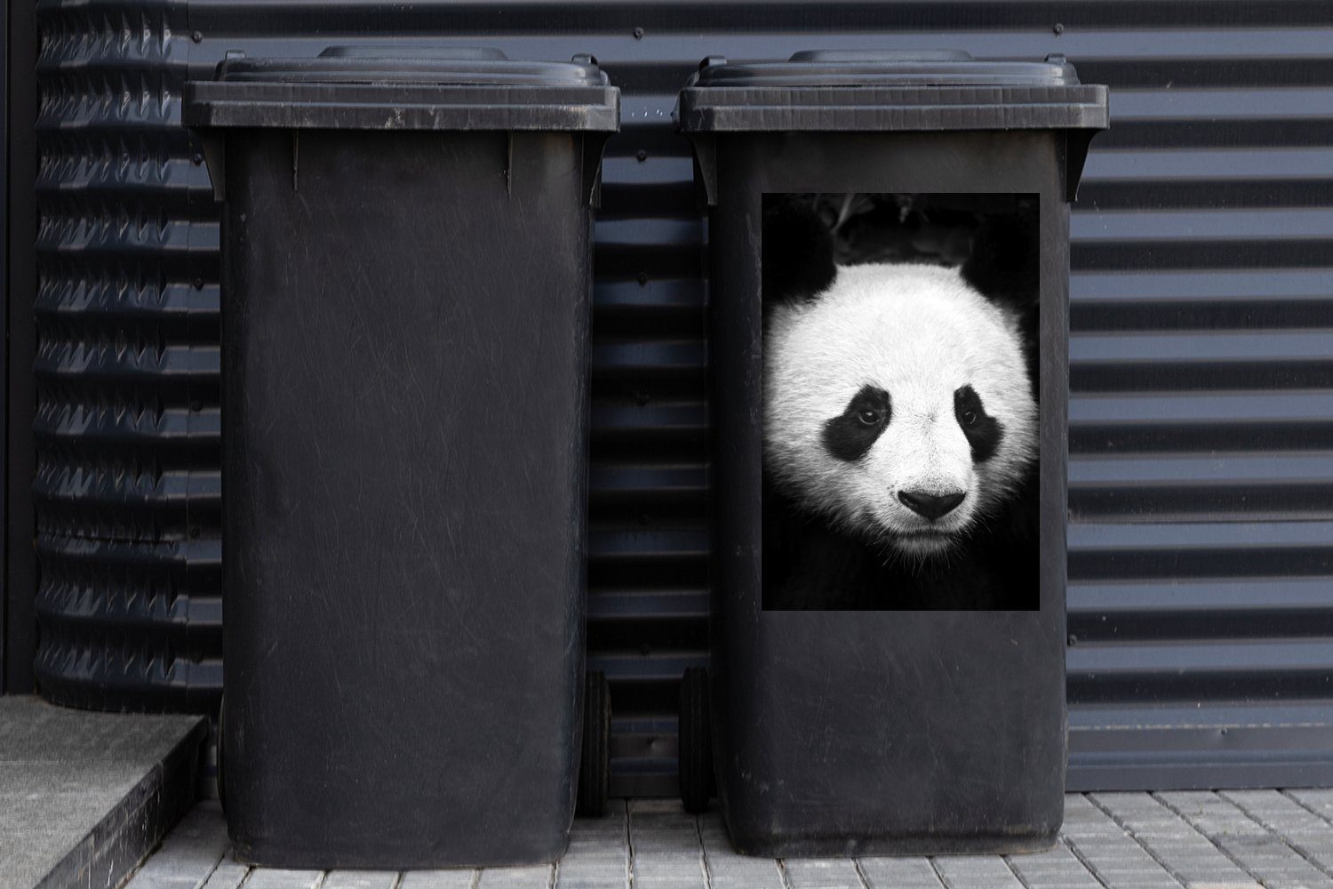 MuchoWow Wandsticker Nahaufnahme eines Abfalbehälter schwarz Mülltonne, (1 Mülleimer-aufkleber, Pandas Sticker, - St), Container, und weiß