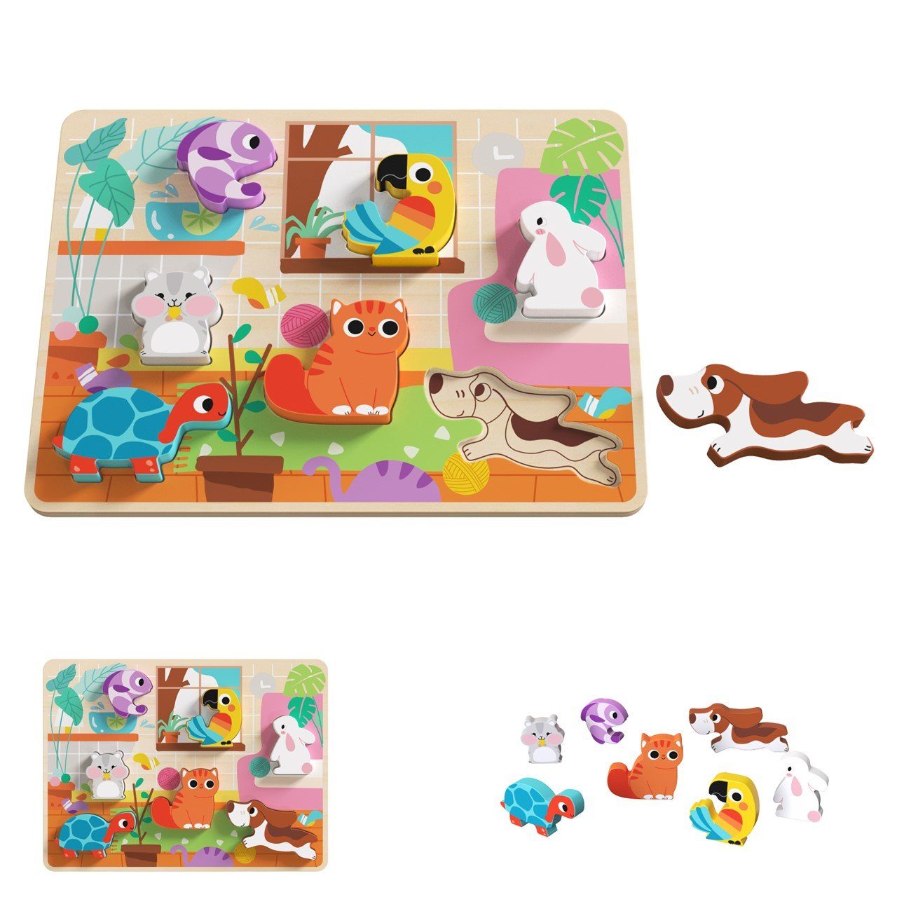 Tooky Toy Steckpuzzle 3D Kinder hellbraun ab 12 8-teiliges Holz-Puzzle Tiere, Steckpuzzle, 8 Puzzleteile, Monaten