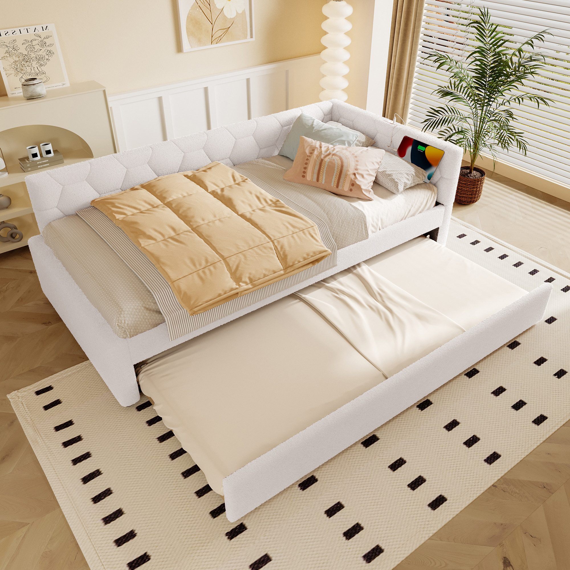 MODFU Schlafsofa Polsterbett Tagesbett, mit Ausziehbett, USB & Typ-C, Nachttischlampe 90x200cm, ohne Matratze