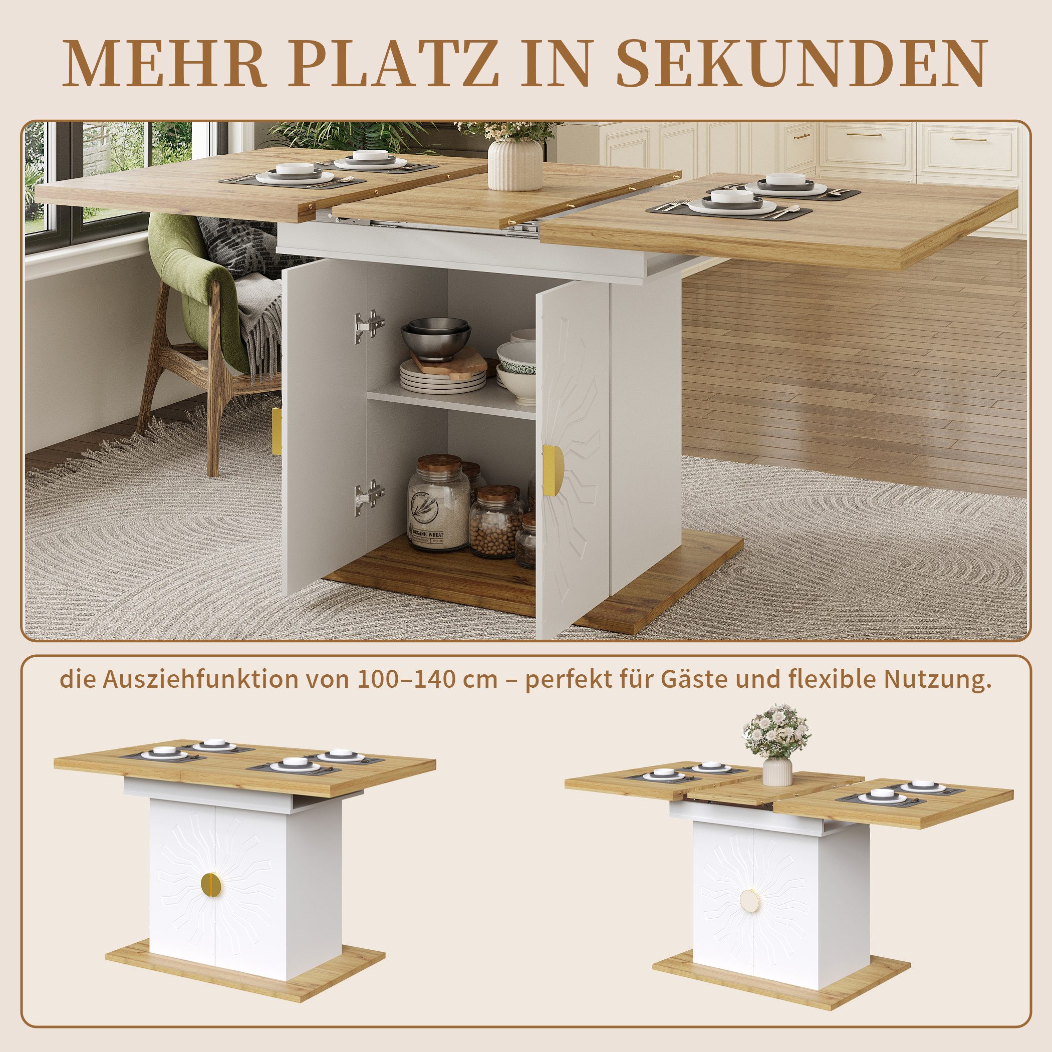 SeedWave Esstisch Ausziehbare Küchentisch mit 110-140cm Tischplatte, 2 Schranktüren, Säulentisch inkl. 2 geschlossene Staufächer
