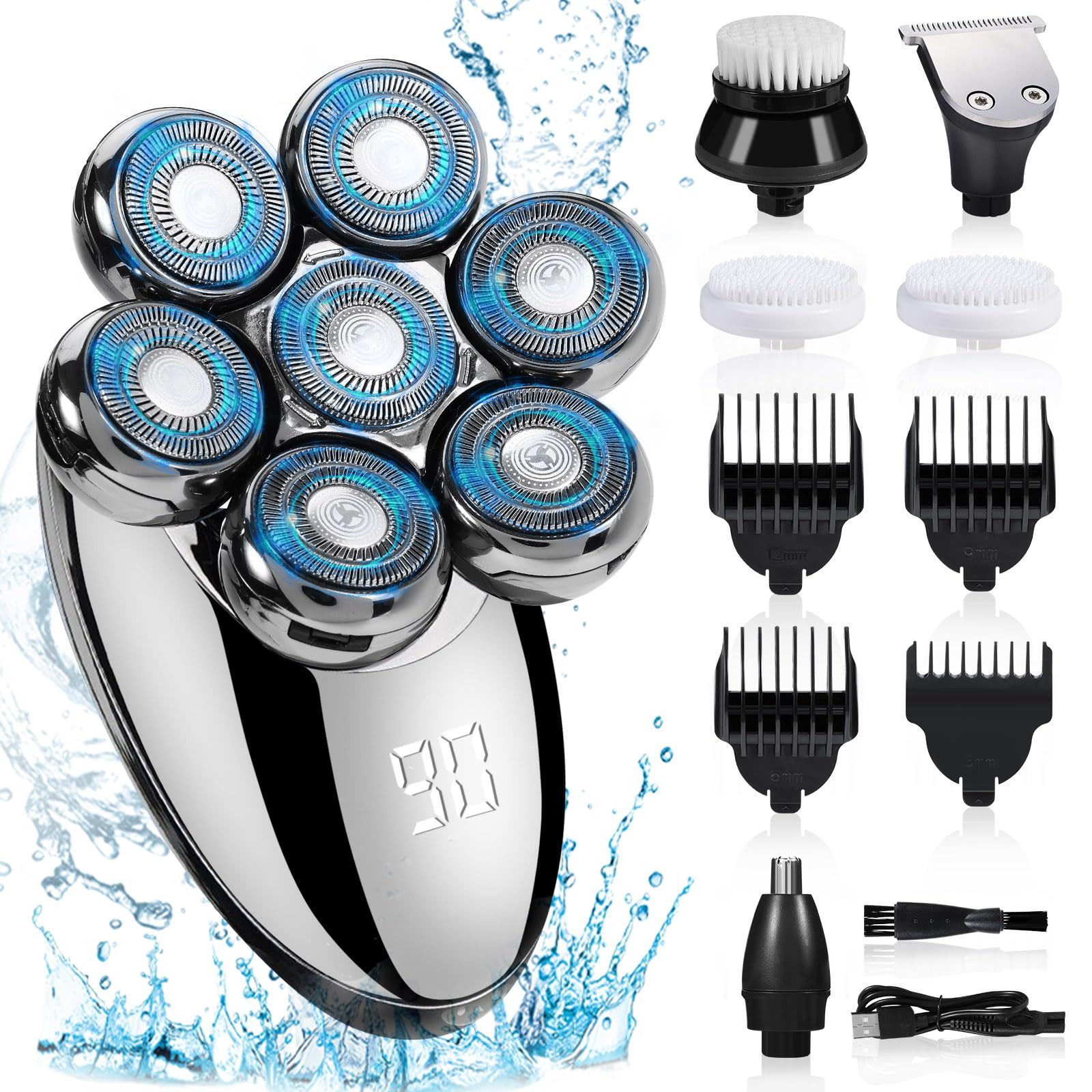 MOPUEA Elektrorasierer 5-in-1 für Herren, Glatzenrasierer mit 7 rotierenden Köpfen, Aufsätze: 5, Haarschneider, wasserdicht, kabellos mit USB wiederaufladbar