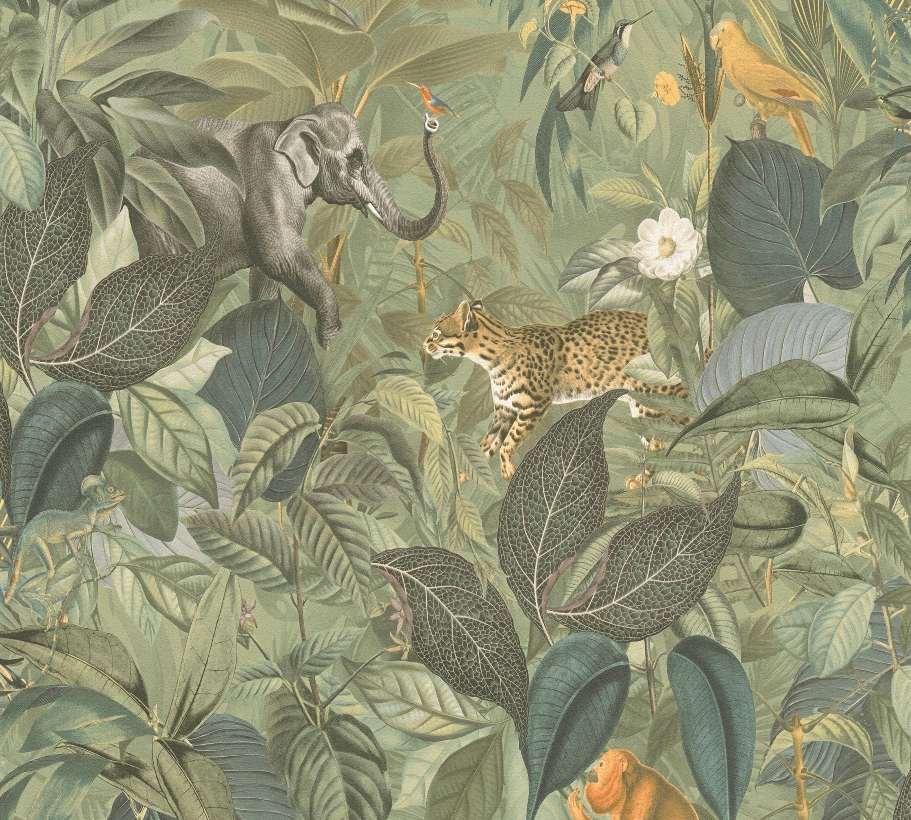 A.S. Création Vliestapete mit (1 Affen Tieger Blätter St), glatt, Dschungel Tieren, PintWalls Elefant matt, hellgrün/braun/grau
