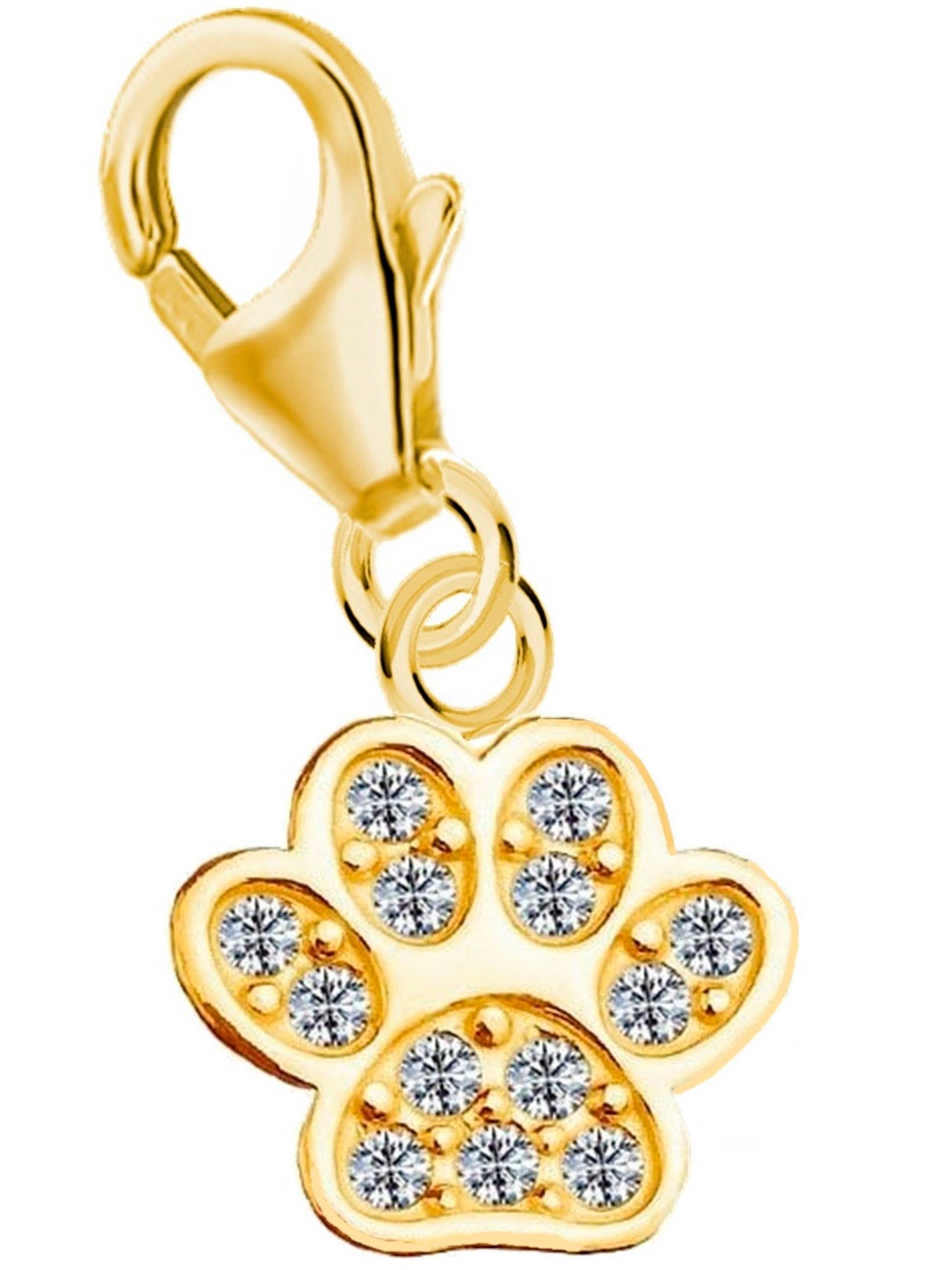 Goldene Hufeisen Charm-Einhänger Charm Anhänger Pfote mit Zirkonia 925 Silber Gold Vergoldet (inkl. Etui), 925 Sterling Silber vergoldet mit Zirkonia Goldschmuck für Armband
