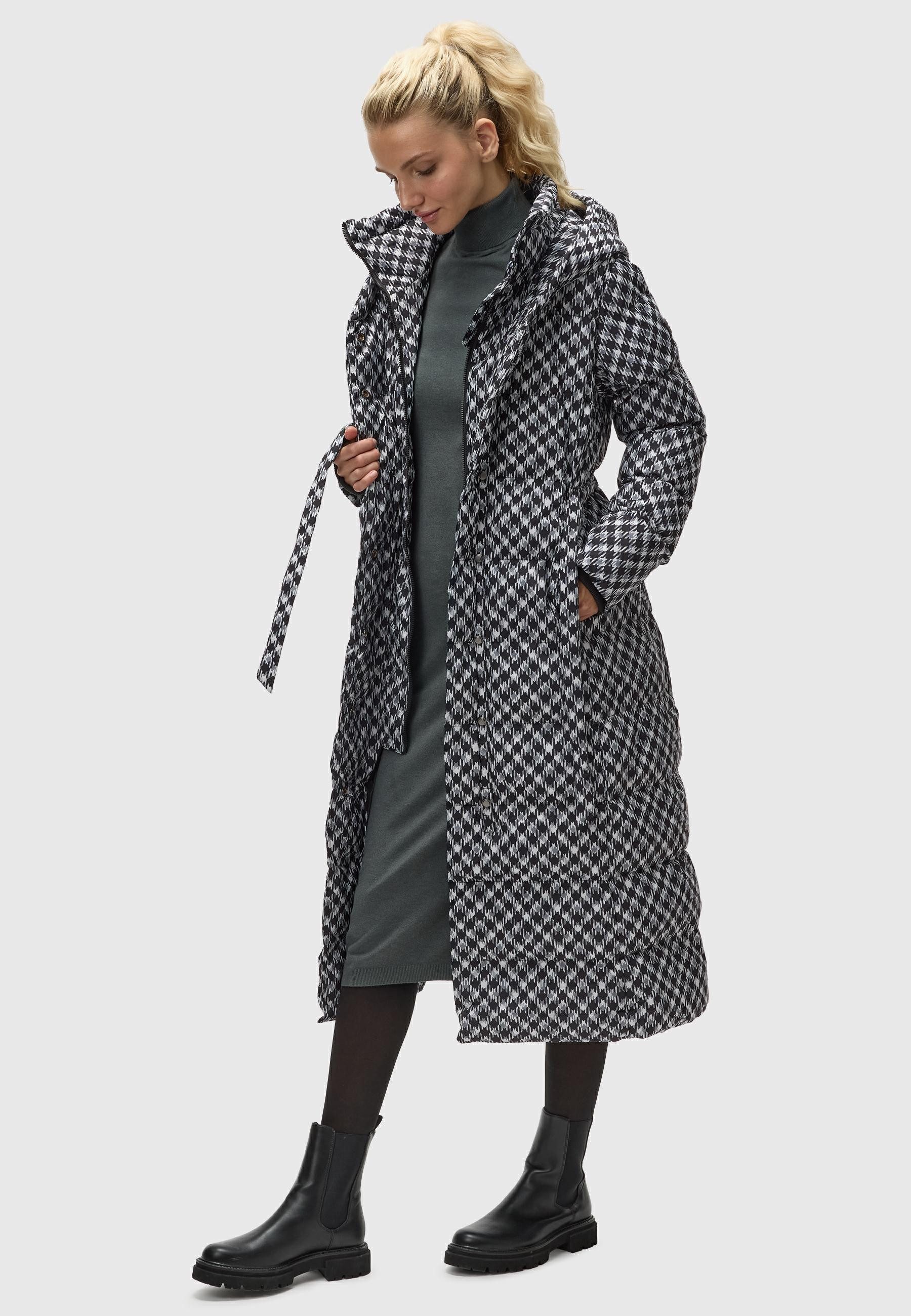 Ragwear Steppmantel Niara Long Print wasserdichter Mantel mit angesagtem Hahnentritt Muster