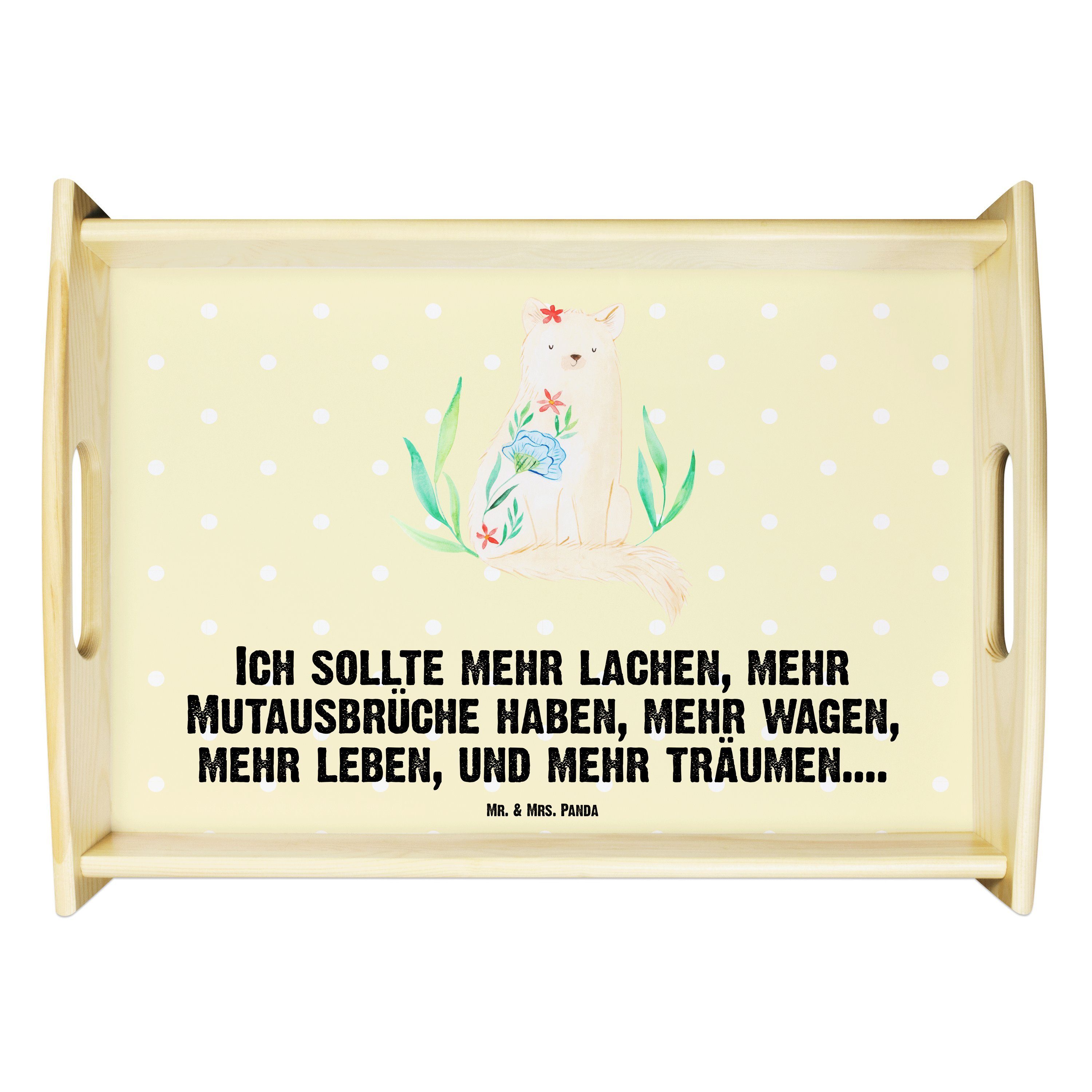 Mr. & Mrs. Panda Tablett Katze Blumen - Gelb Pastell - Geschenk, Dekotablett, Katzenartikel, K, Echtholz lasiert, (1-tlg)