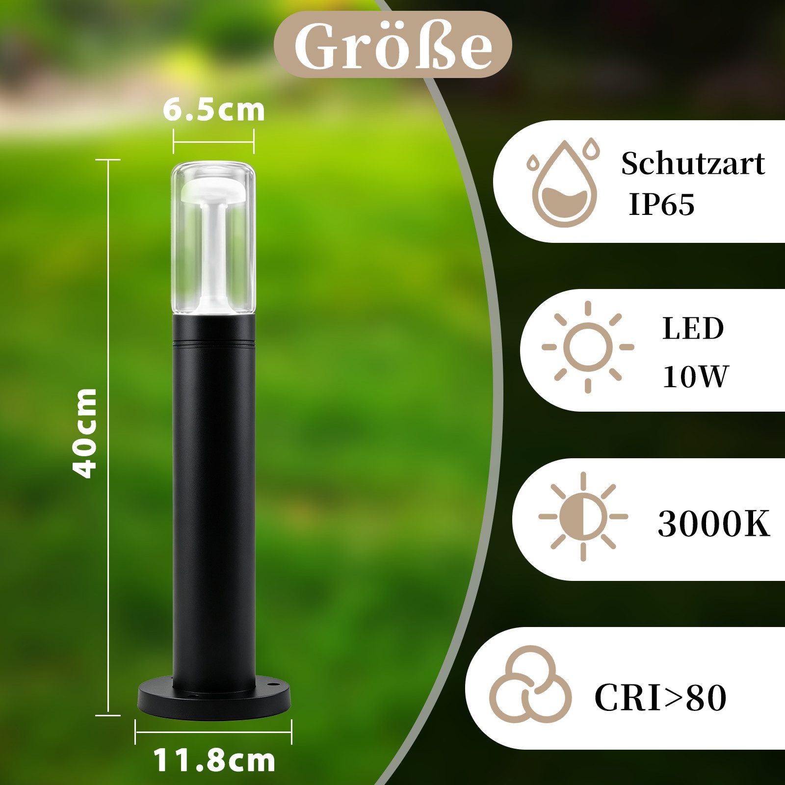 Nettlife Außen-Stehlampe Pollerleuchte 40cm 10W 3000K warmweiß schwarze Wegeleuchte Glas, für Garten Hof Weg Terrasse Balkon–Außenbeleuchtung Deko