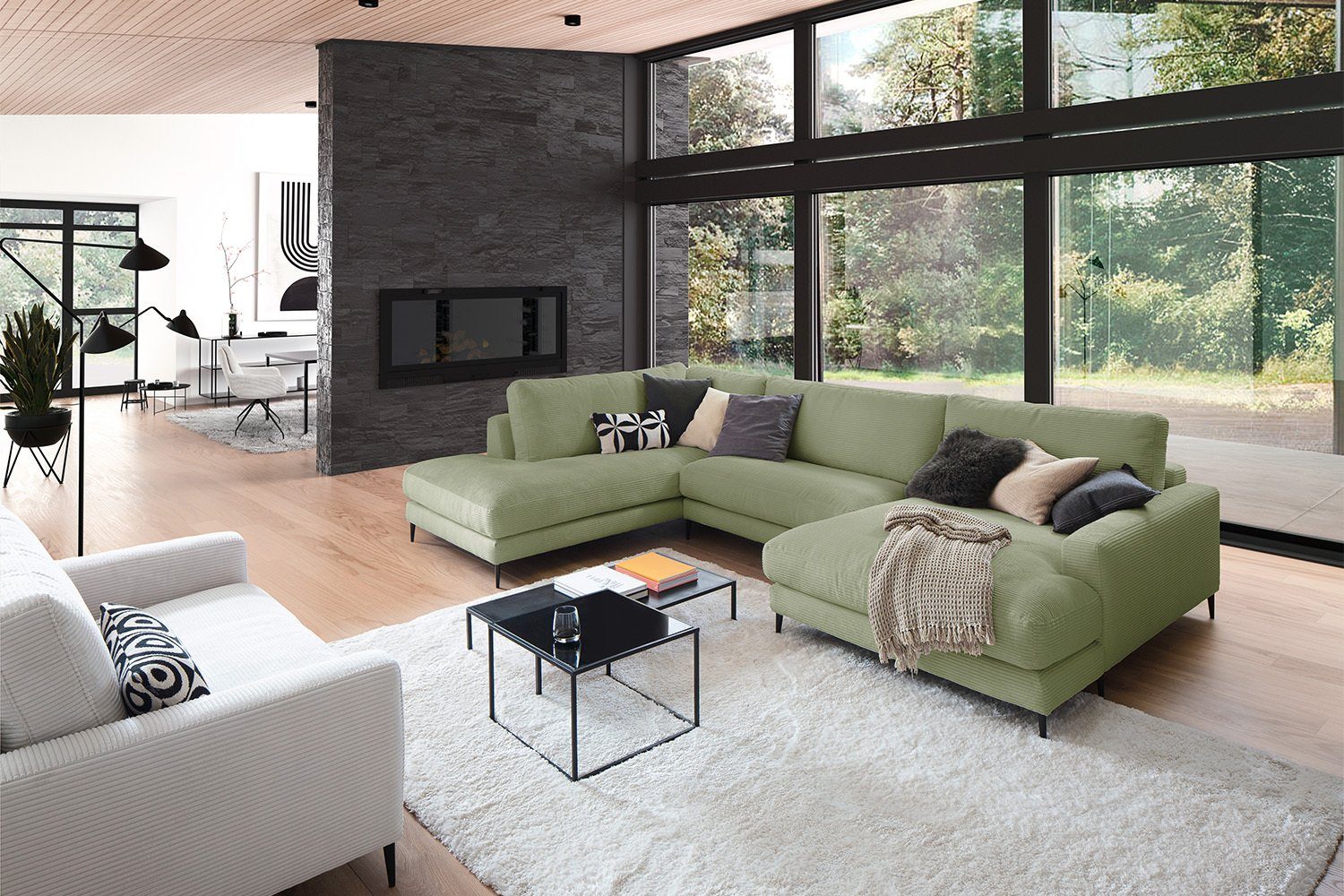 KAWOLA Wohnlandschaft CARA, Sofa rechts versch. U-Form od. olivgrün Cord, Longchair Farben links