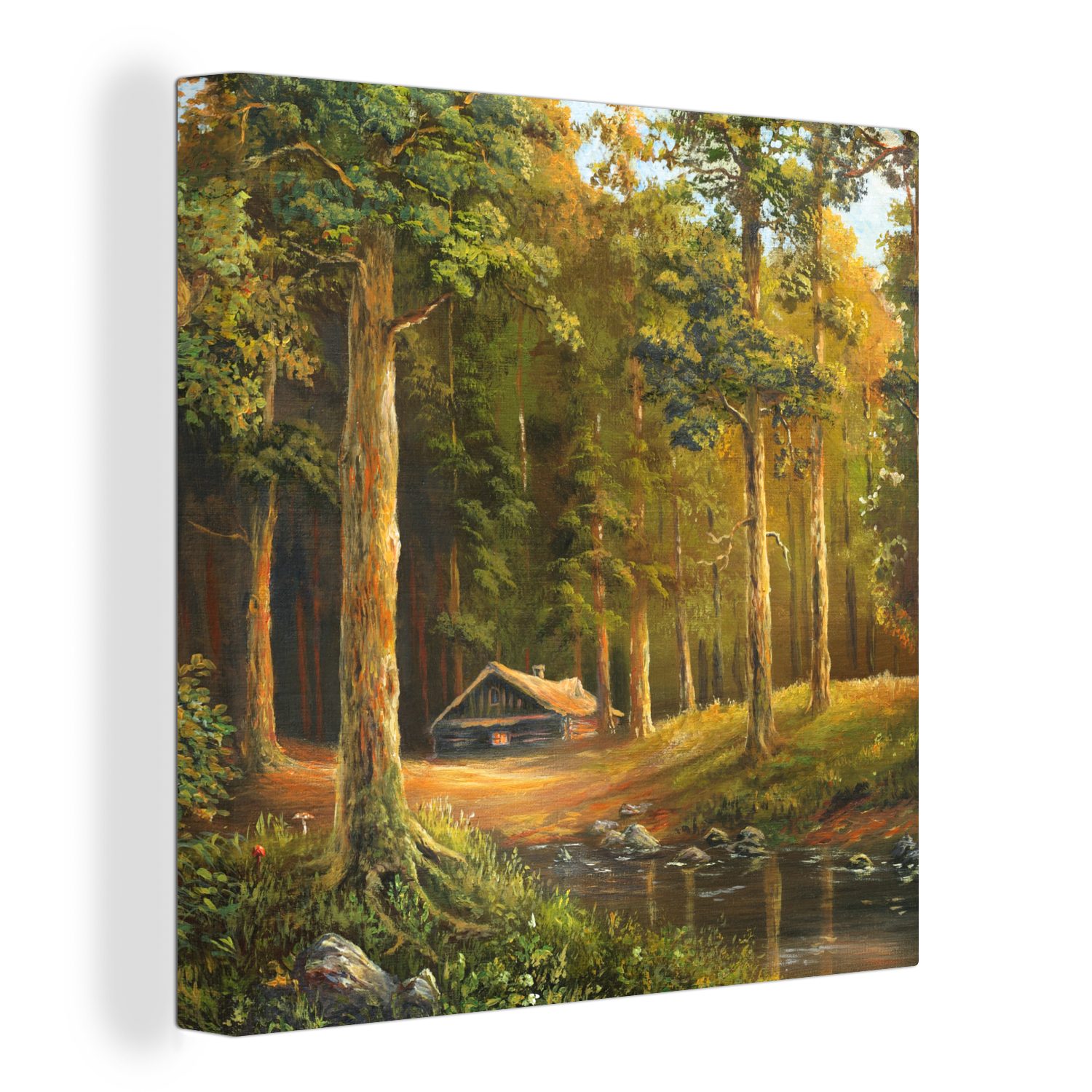 OneMillionCanvasses® Leinwandbild Eine Illustration einer Hütte in einem Wald, Fotodruck (1 St), Wandbild, Deko Schlafzimmer Wohnzimmer Flur 20x20 cm