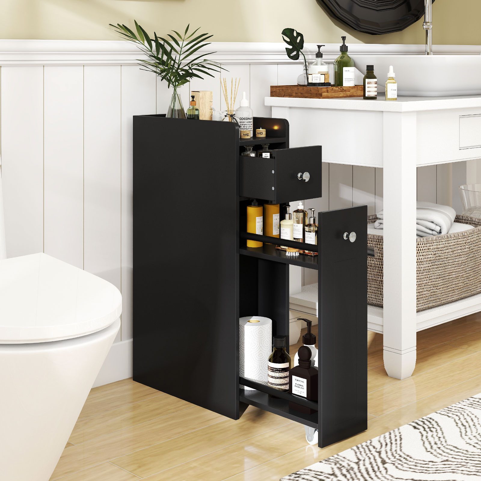 KOMFOTTEU Badkommode Nischenschrank Nischenregal Badezimmerschrank, mit Schublade & Rollen – Bild 4 von 5