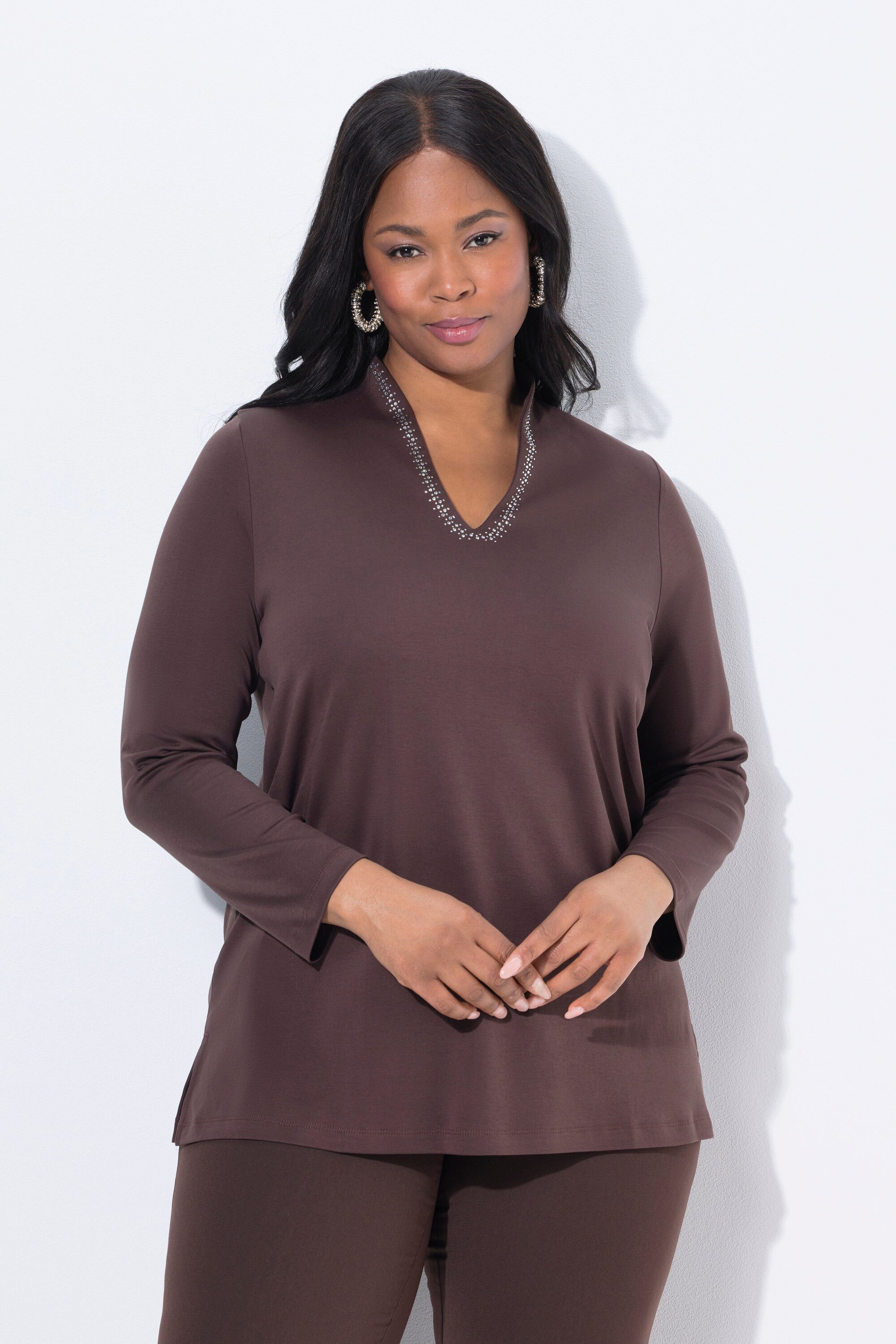 Ulla Popken T-Shirt Shirt A-Linie Kelchkragen Langarm Pima Cotton