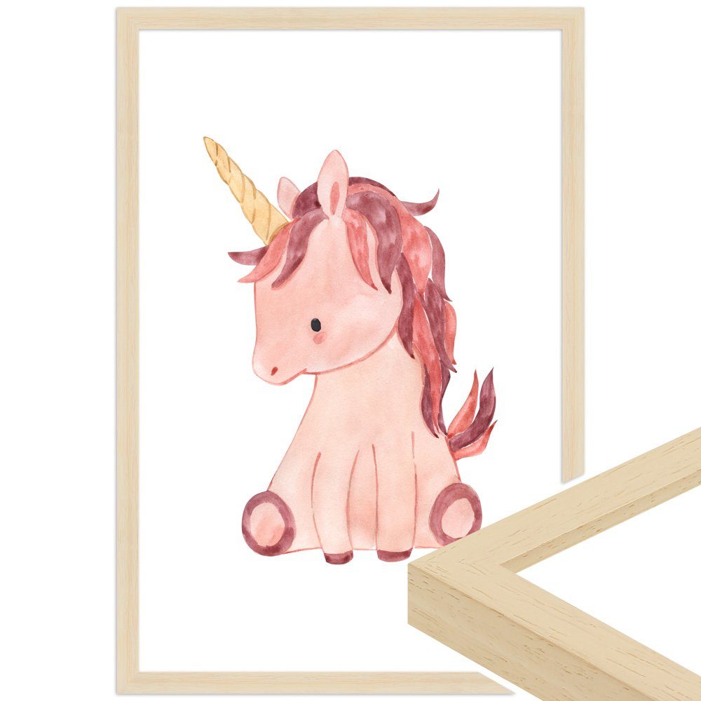 WANDStyle Bild mit Rahmen Einhorn, Aquarell Poster für Kinderzimmer